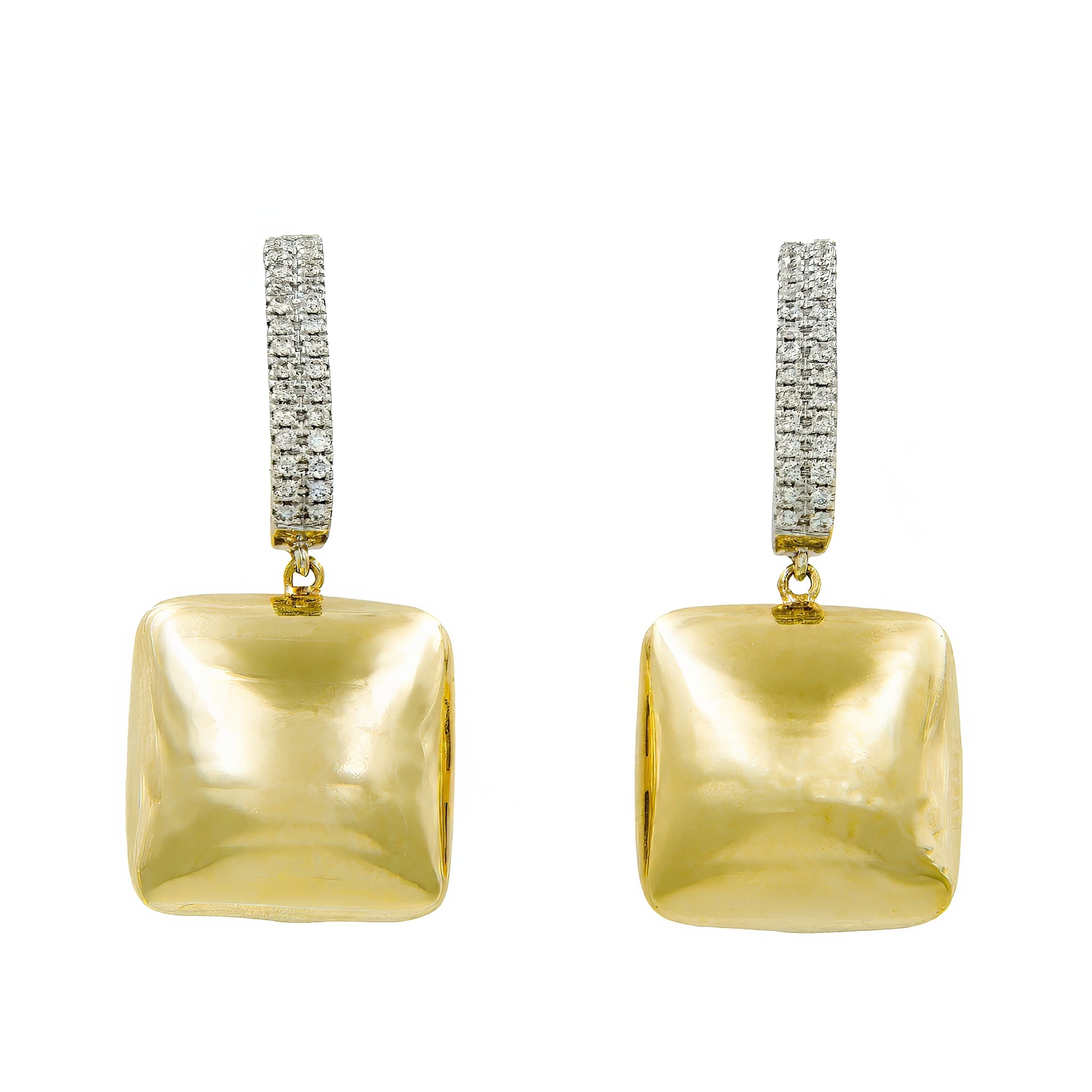 Brinco meia argola ouro 18k e diamante com quadrado pendurado