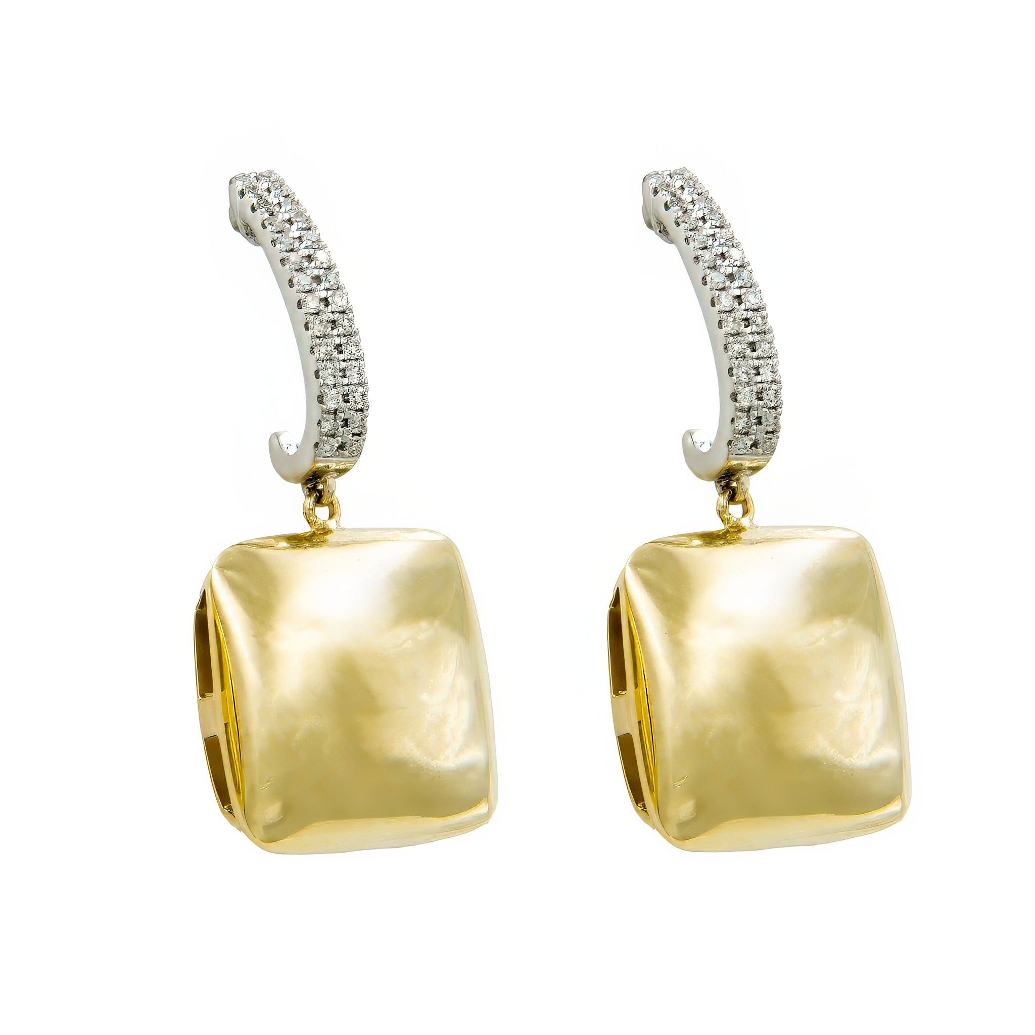 Brinco meia argola ouro 18k e diamante com quadrado pendurado
