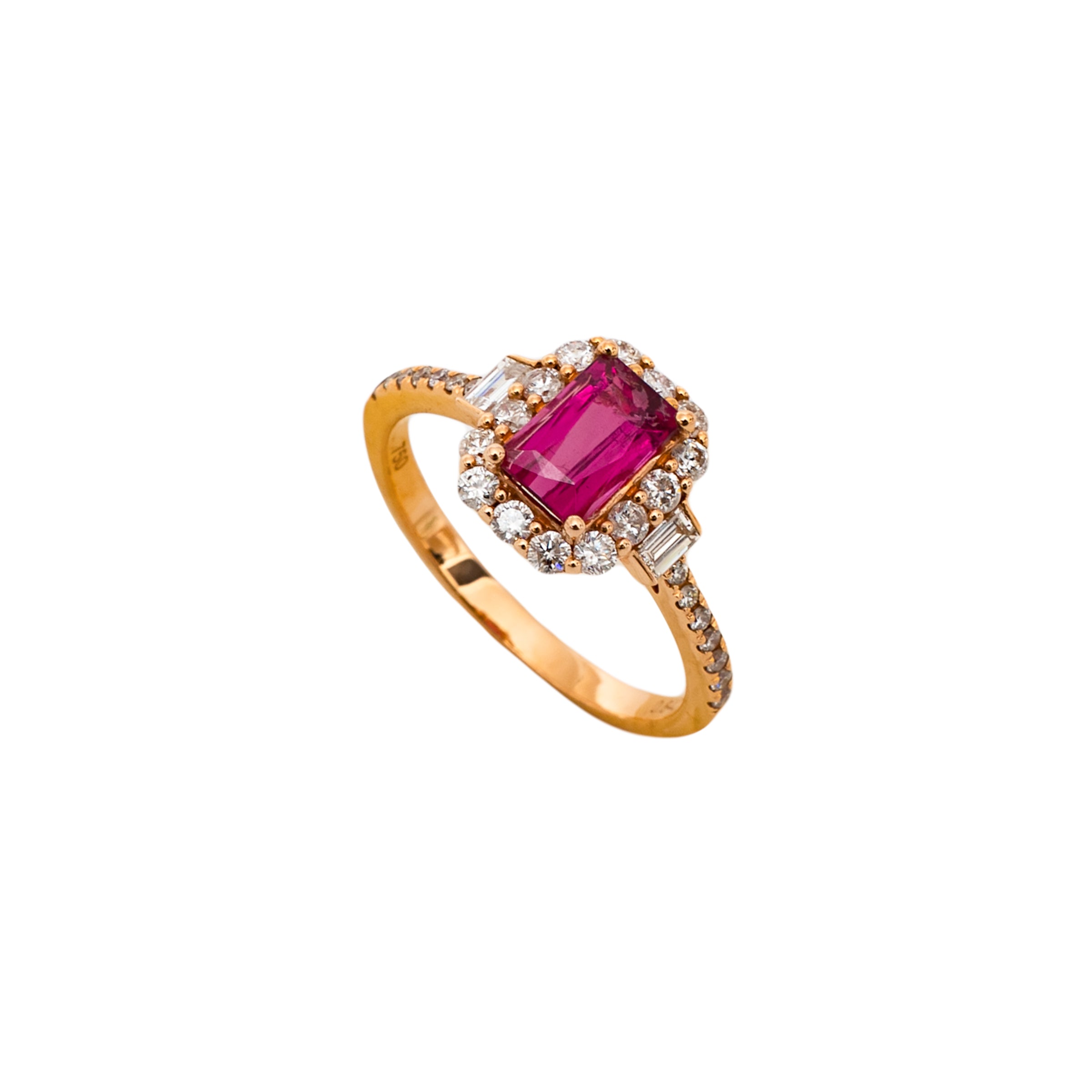 Anel turmalina rosa retangular com diamante e ouro 18k