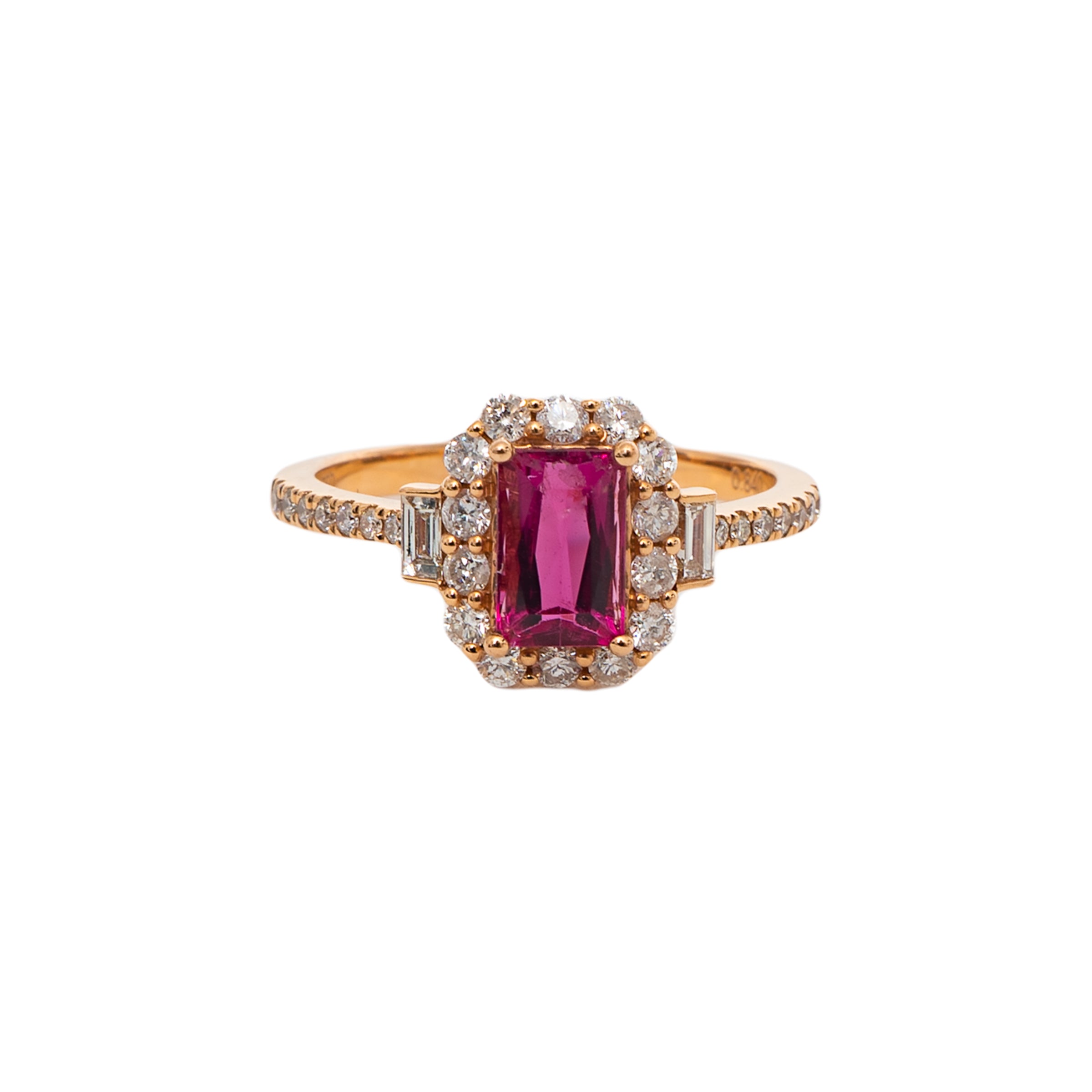 Anel turmalina rosa retangular com diamante e ouro 18k