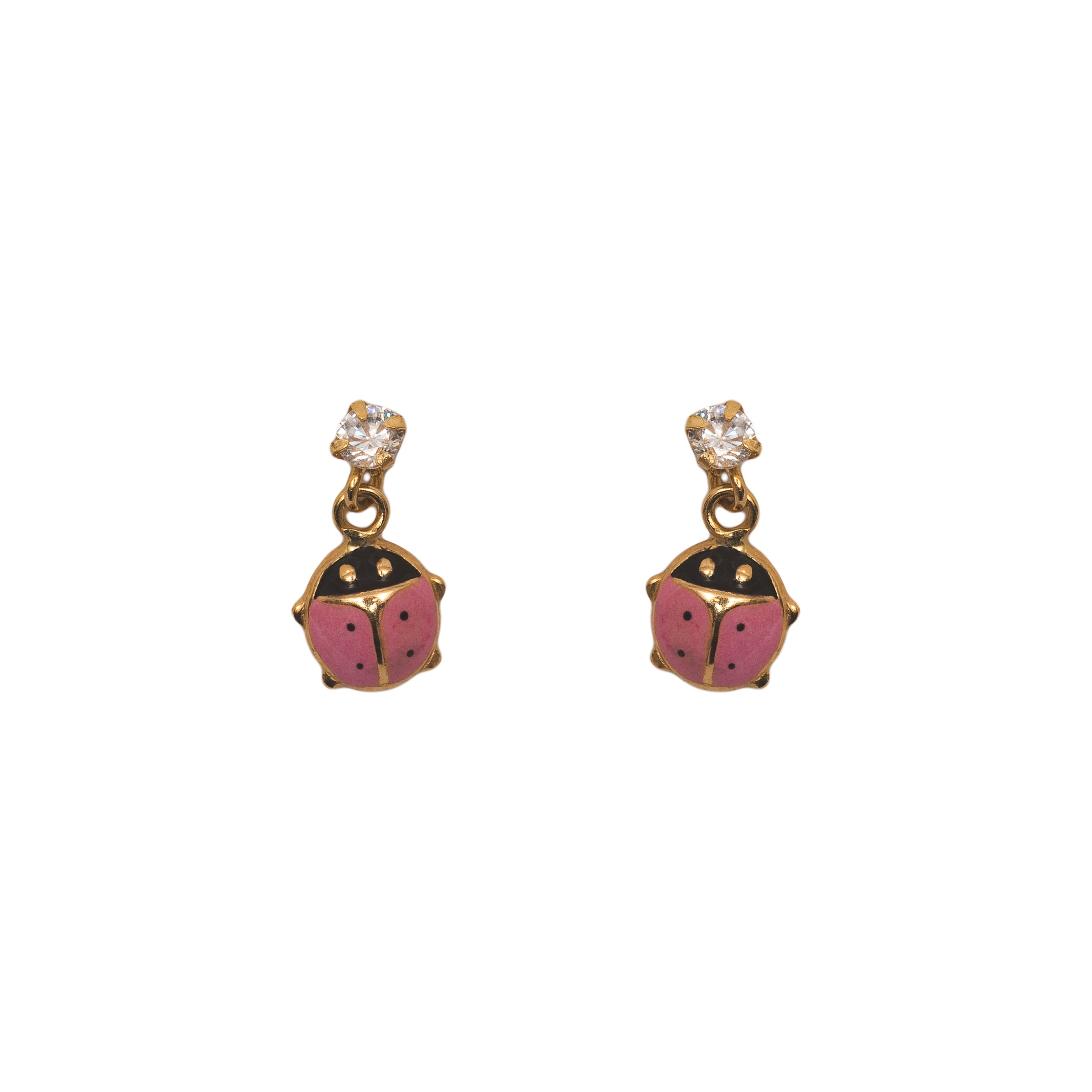 Brinco infantil pedra zircônia com joaninha esmaltada pendurada ouro 18k