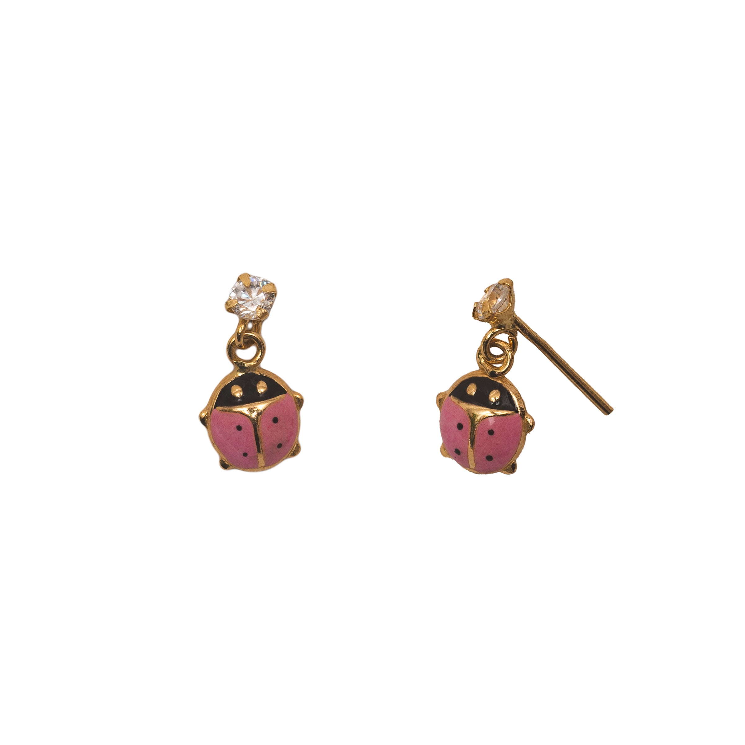 Brinco infantil pedra zircônia com joaninha esmaltada pendurada ouro 18k