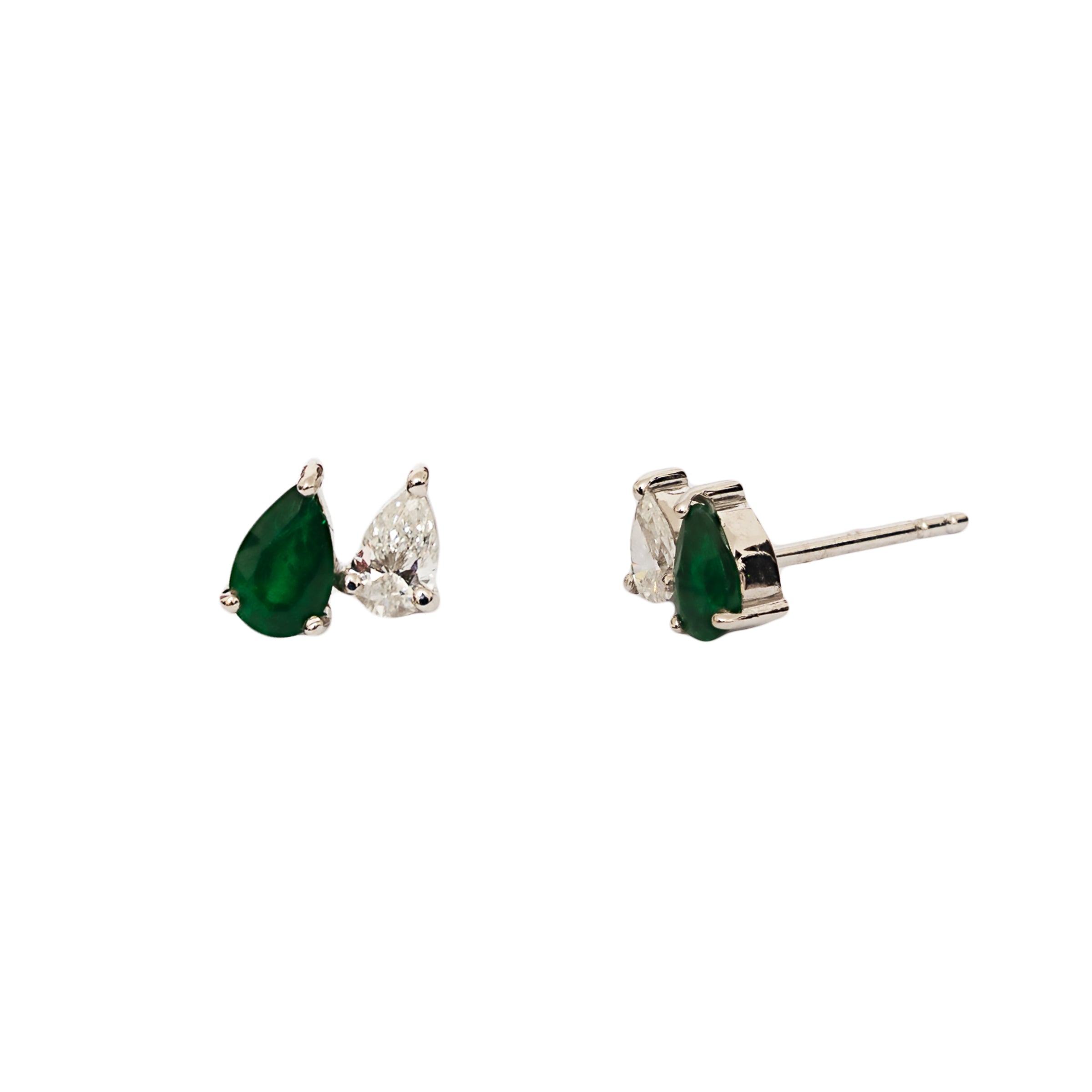 Brinco 2 gotas esmeralda e diamante, ouro 18k