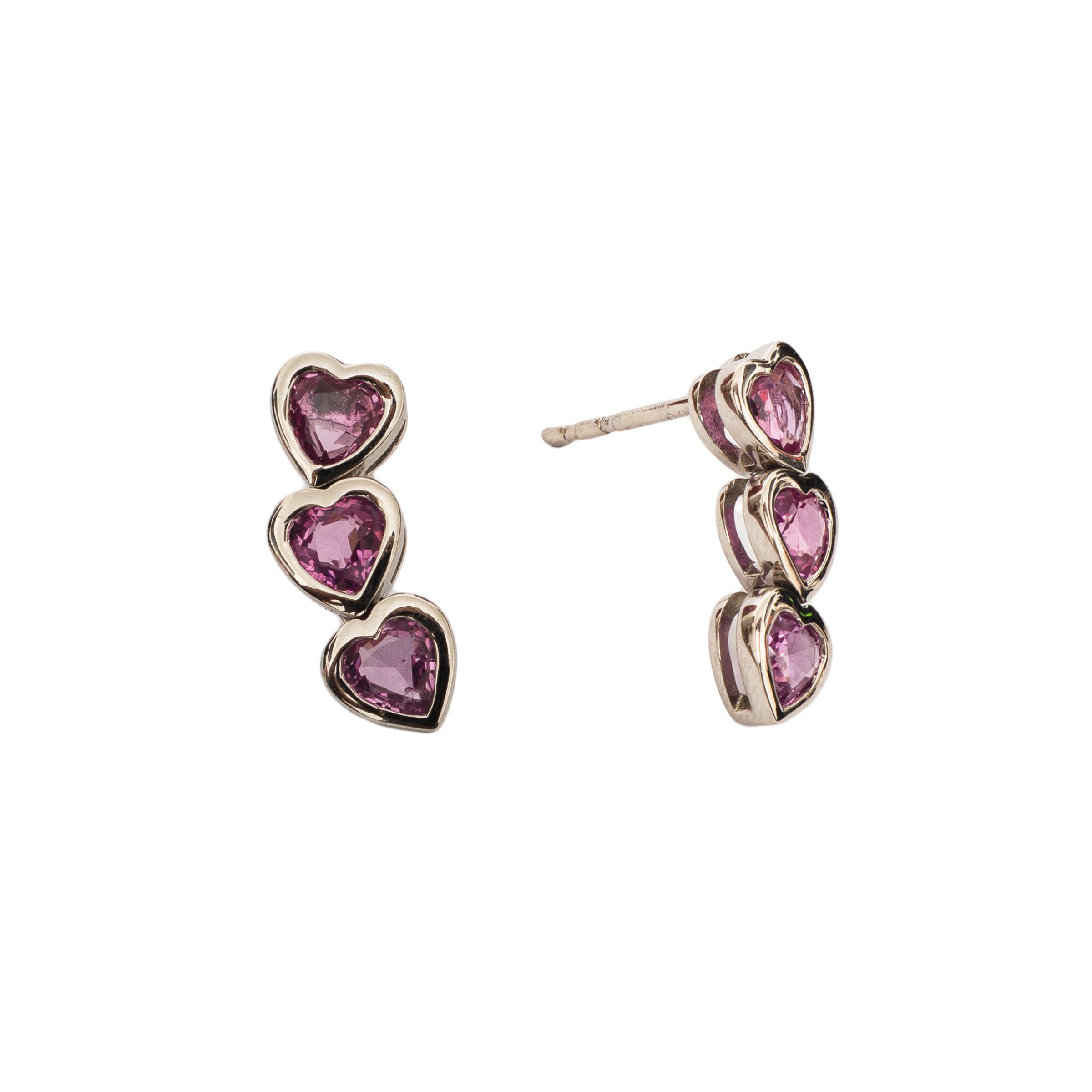 Brinco 3 corações safira rosa e ouro 18k