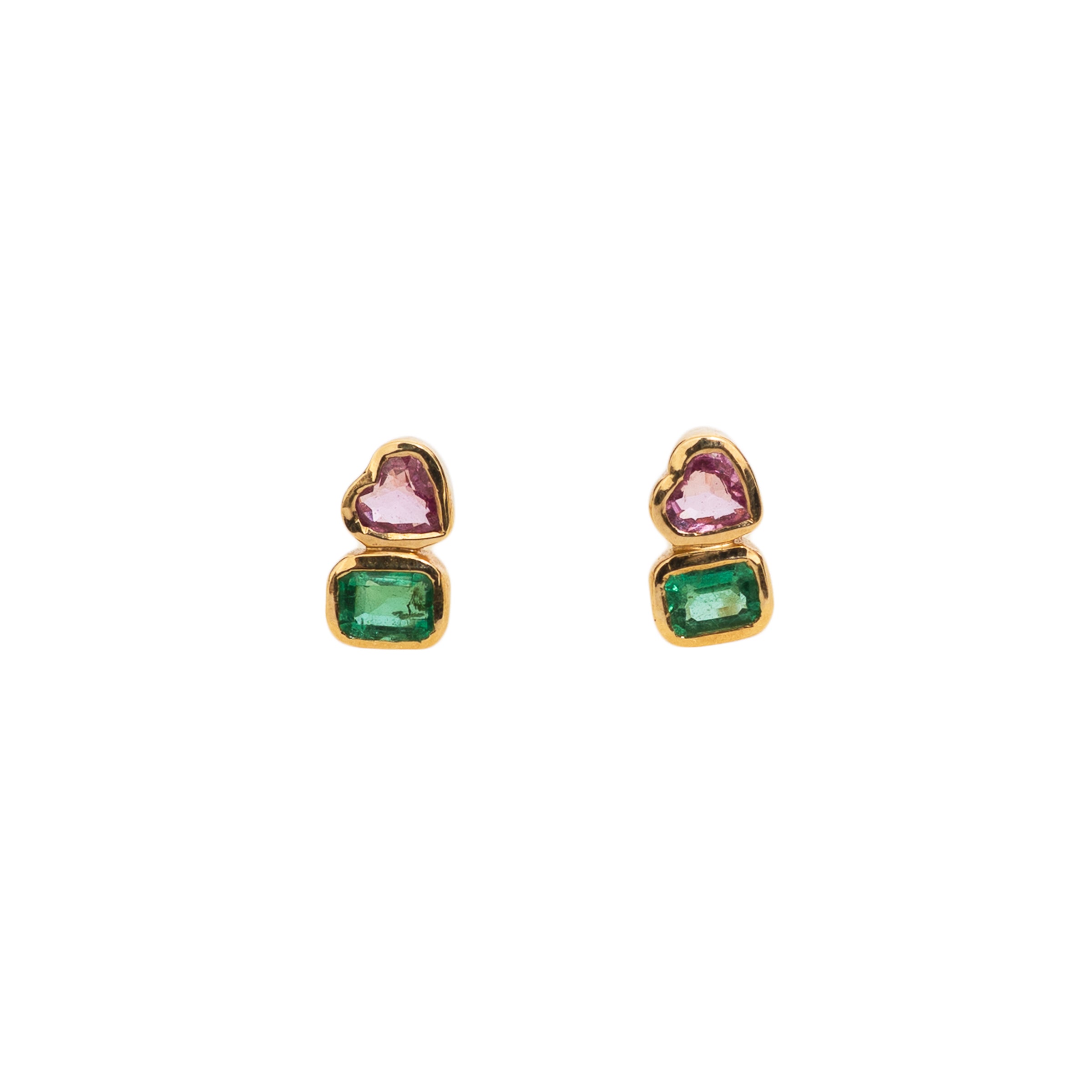 Brinco quadrado de esmeralda e coração de safira rosa ouro 14k