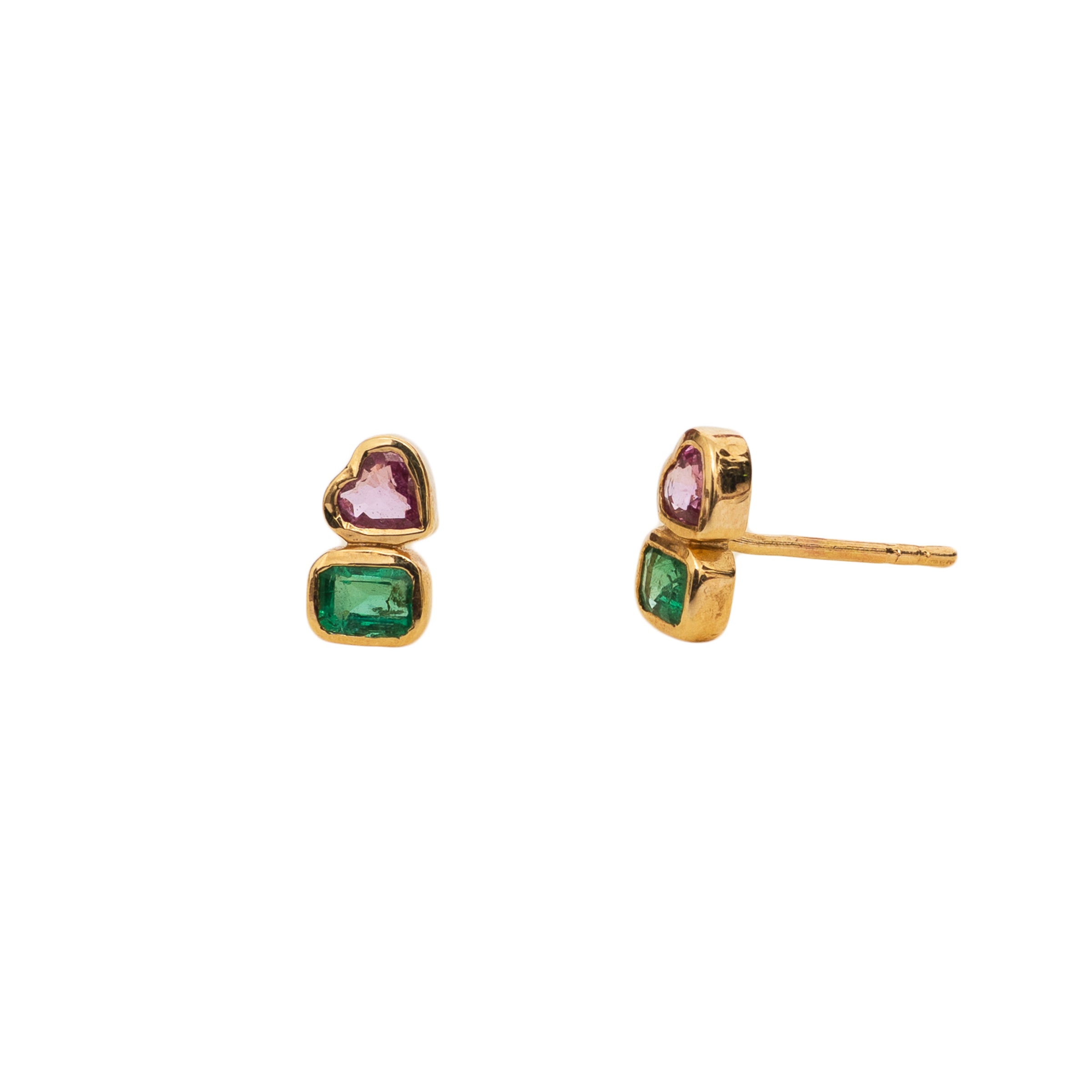 Brinco quadrado de esmeralda e coração de safira rosa ouro 14k