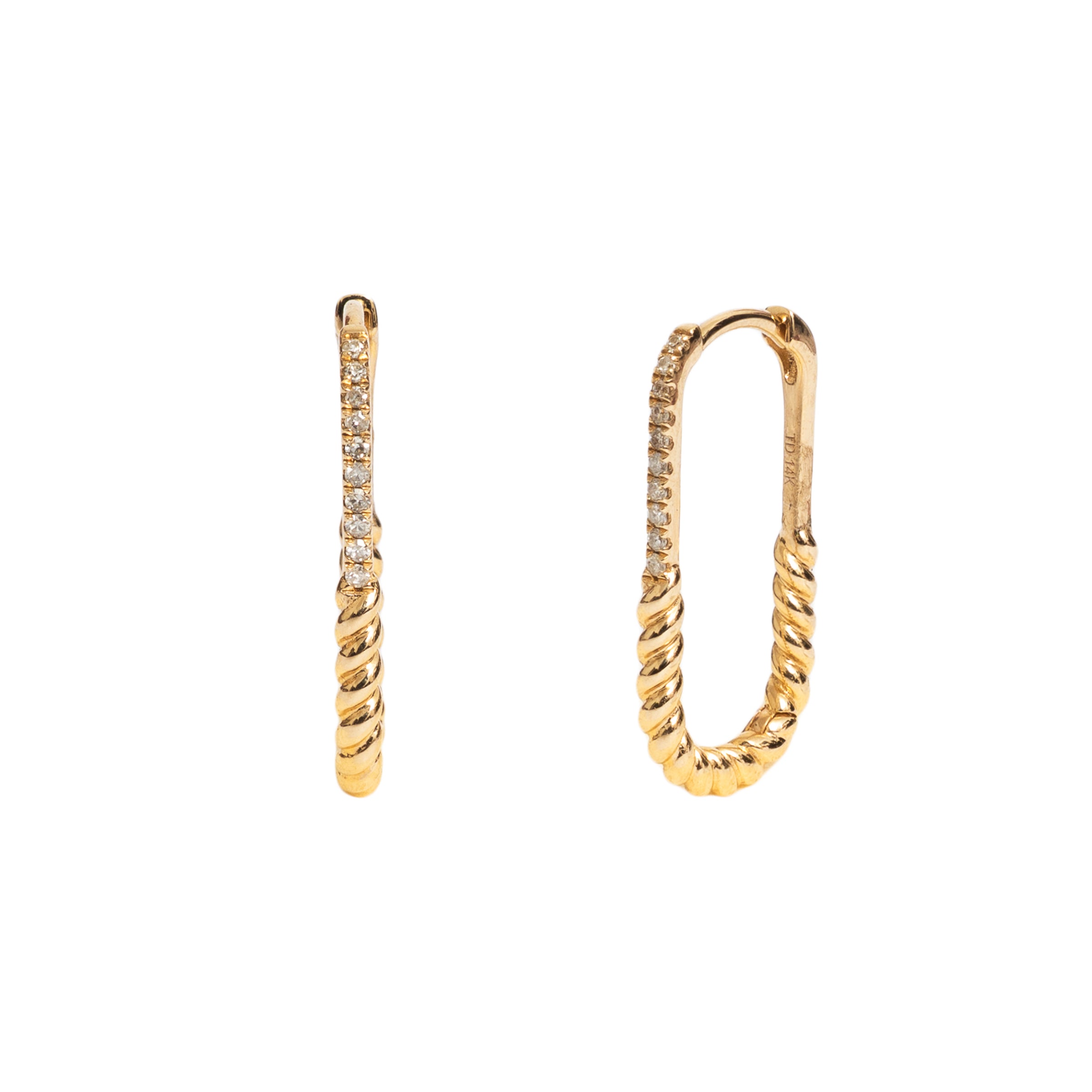 Brinco argola retangular bolinhas e diamante ouro 14k