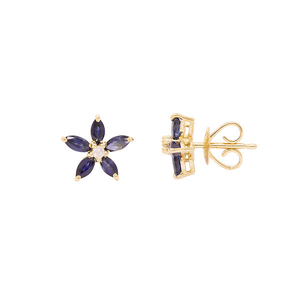Brinco flor com 10 safiras navete diamante e ouro 18k
