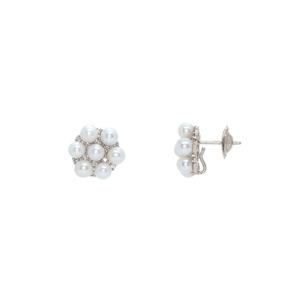 Brinco flor com 14 pérolas naturais e diamante, ouro 18k