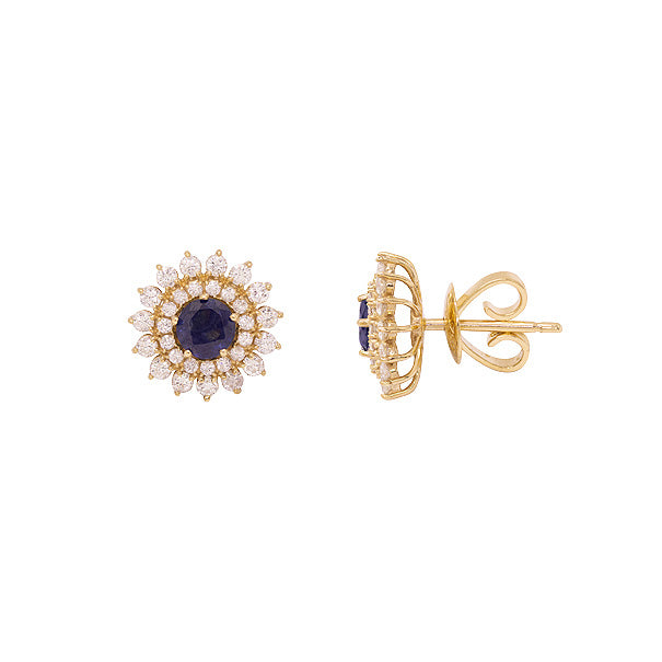 Brinco chuveiro com Safira e diamante, ouro 18k