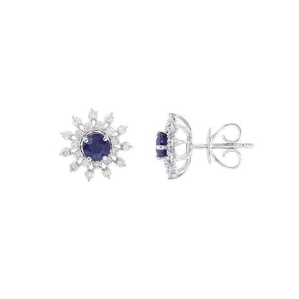 Brinco chuveiro flor de safira e diamante, ouro 18k