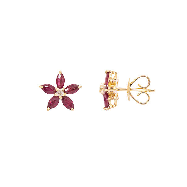 Brinco flor de rubi navete e diamante