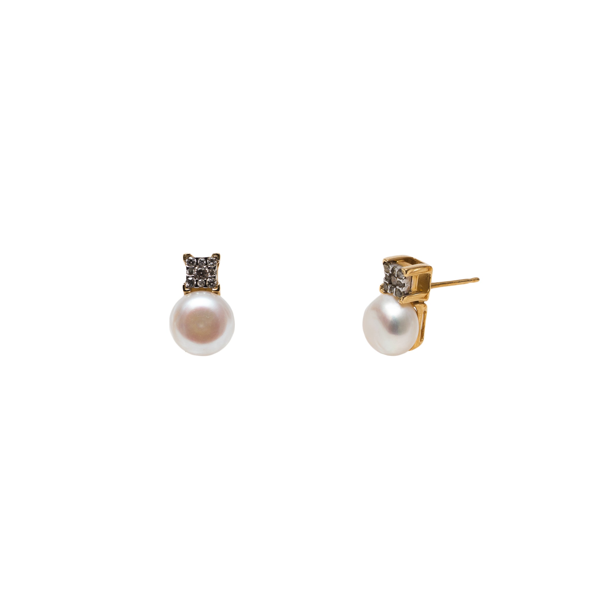 Brinco botão pérola natural com quadrado de diamante, ouro 18k