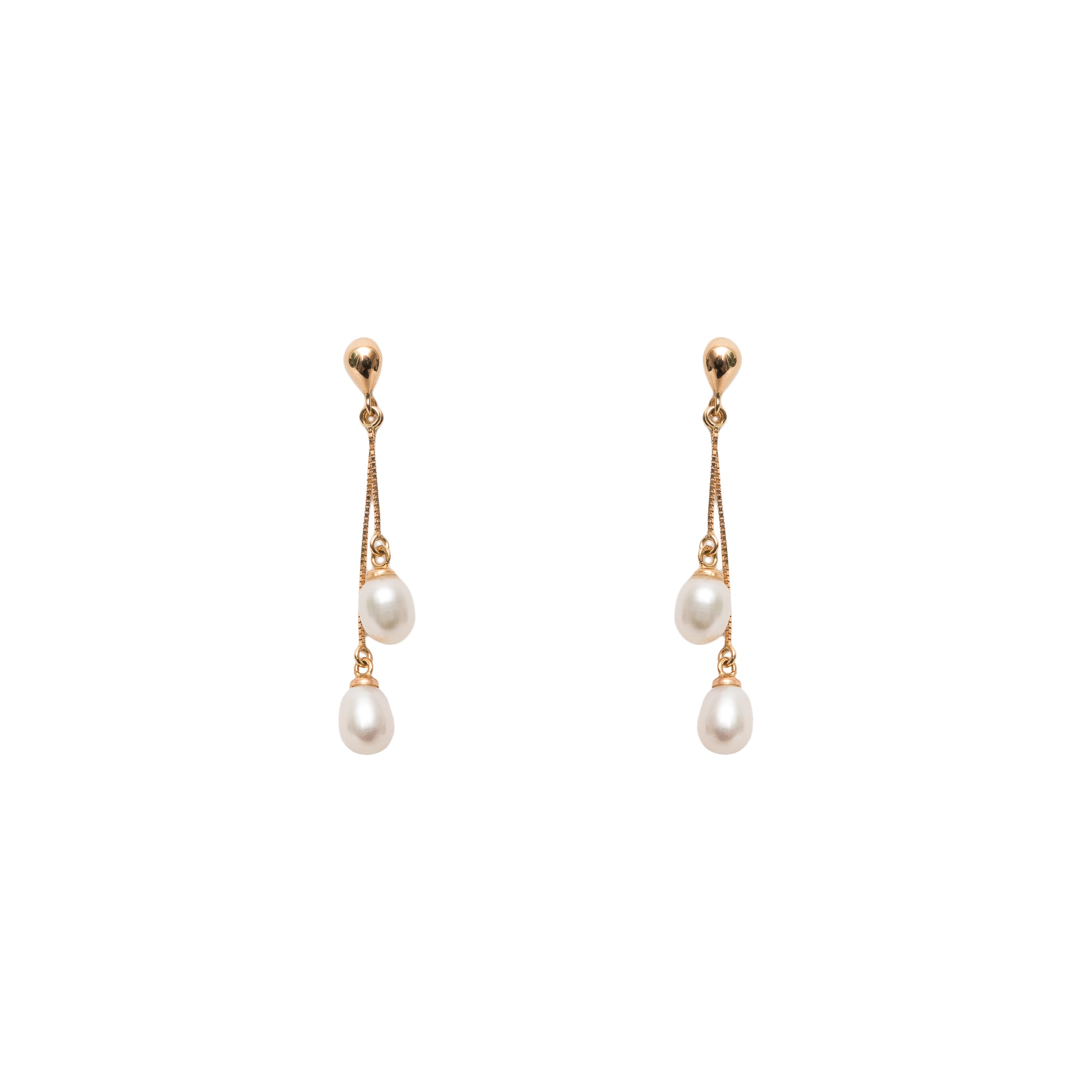 Brinco gota com 2 pérolas penduradas ouro 18k