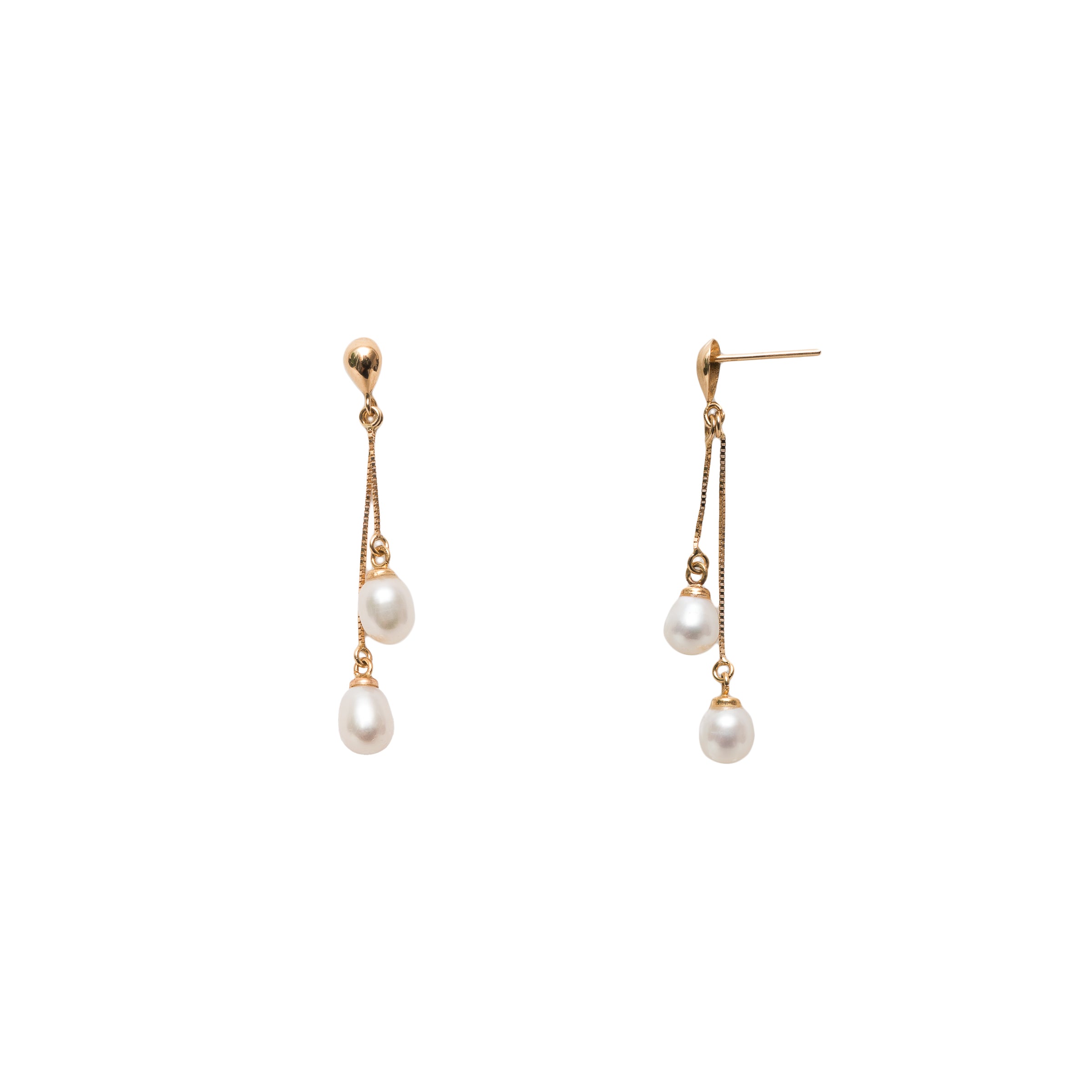Brinco gota com 2 pérolas penduradas ouro 18k