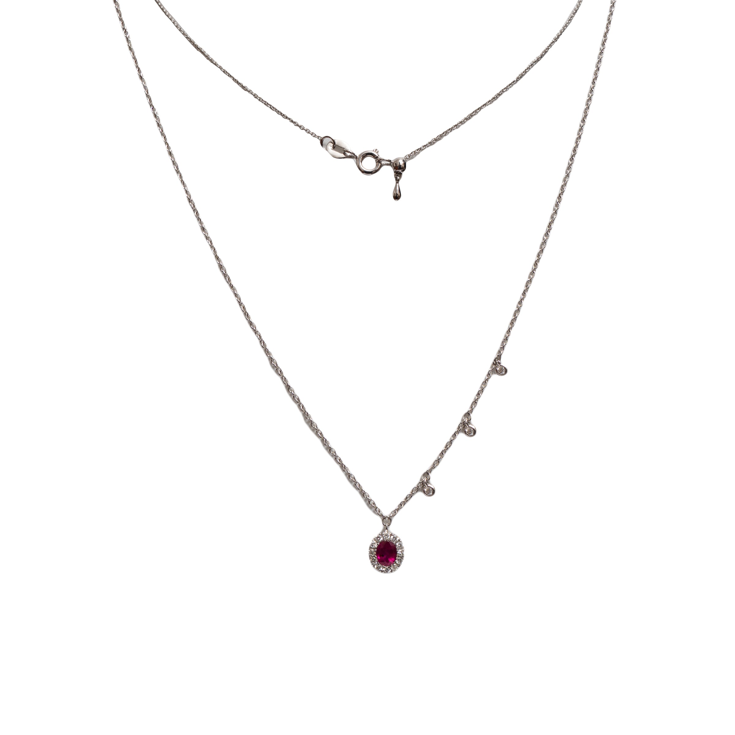 Colar ouro 18k com pingente rubi e diamante e 3 pedras diamante