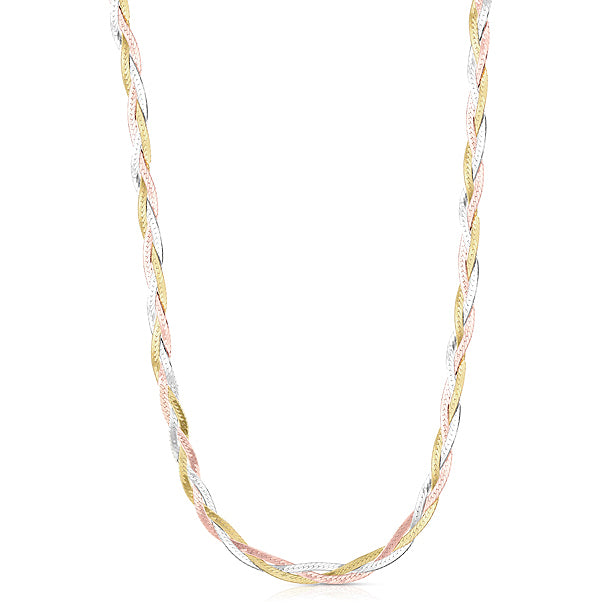 Colar tricolor laminado trançado ouro 18k
