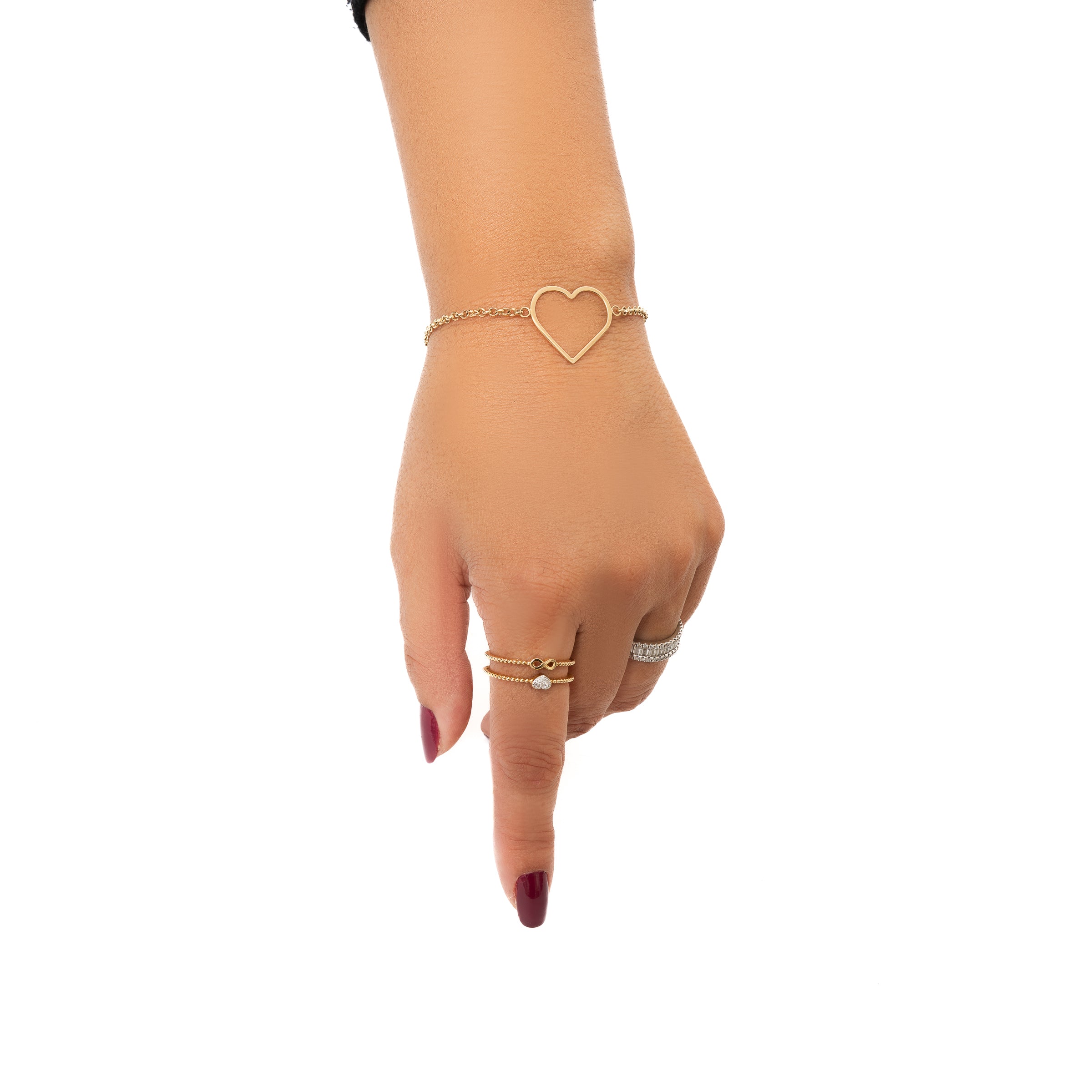 Pulseira Coração Vazado com Mini Coração Pendurado em Ouro 18K