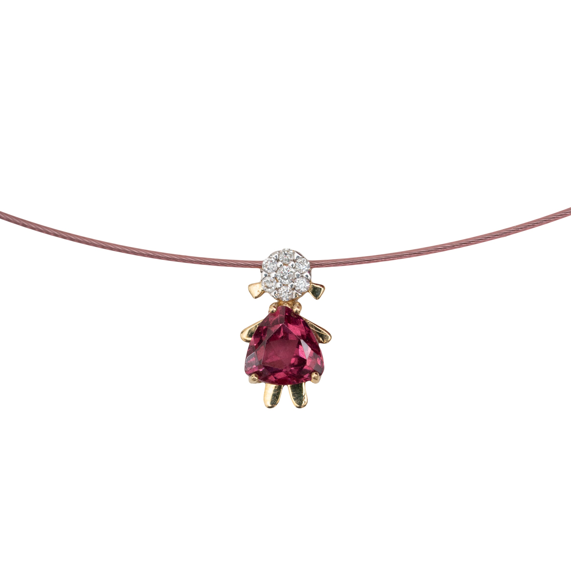 Colar Fio de Nylon Rosa com Pingente Menina Ametista, Turmalina Rosa e Diamante