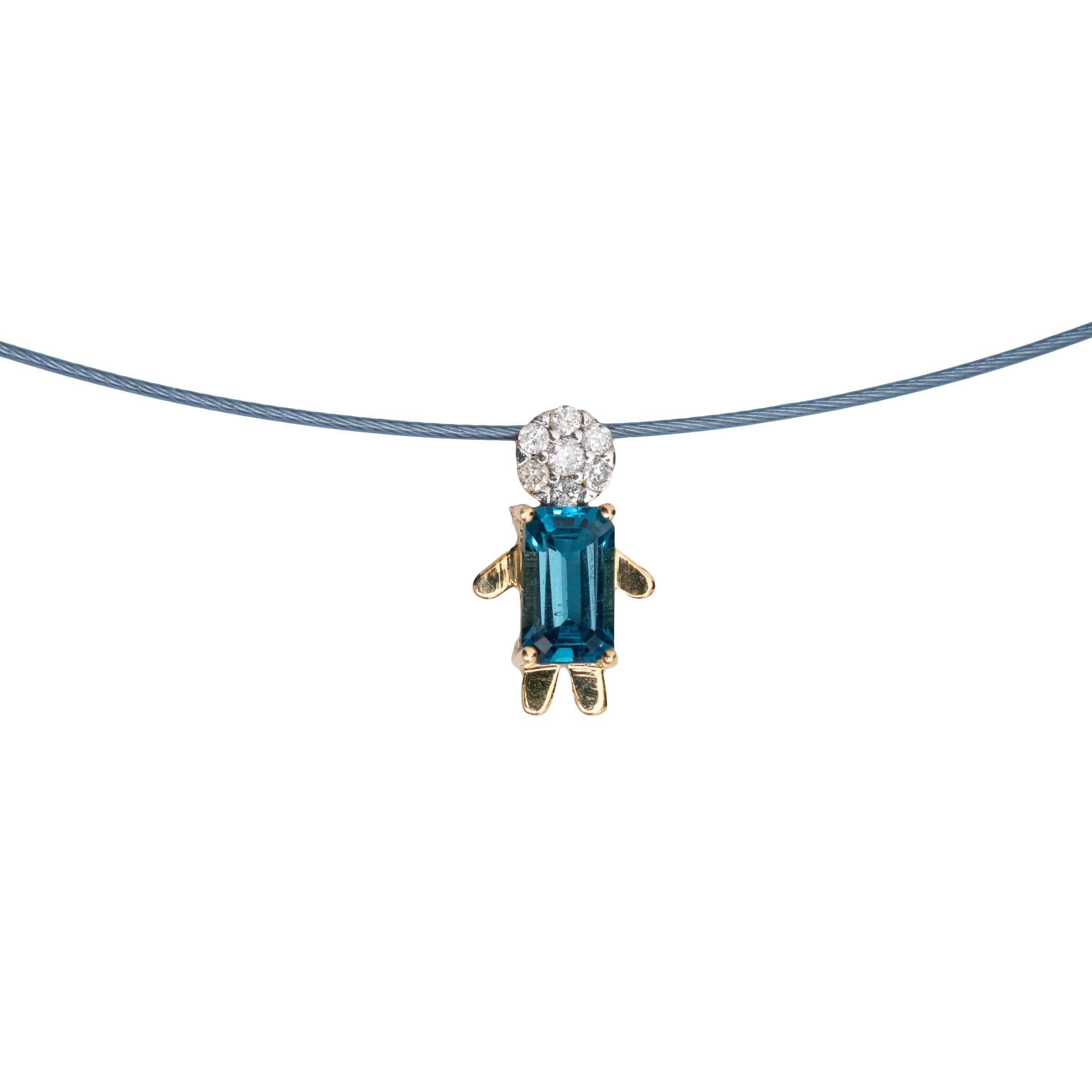 Colar Fio de Nylon Azul com Pingente Menino Pedra Topázio London e Diamante