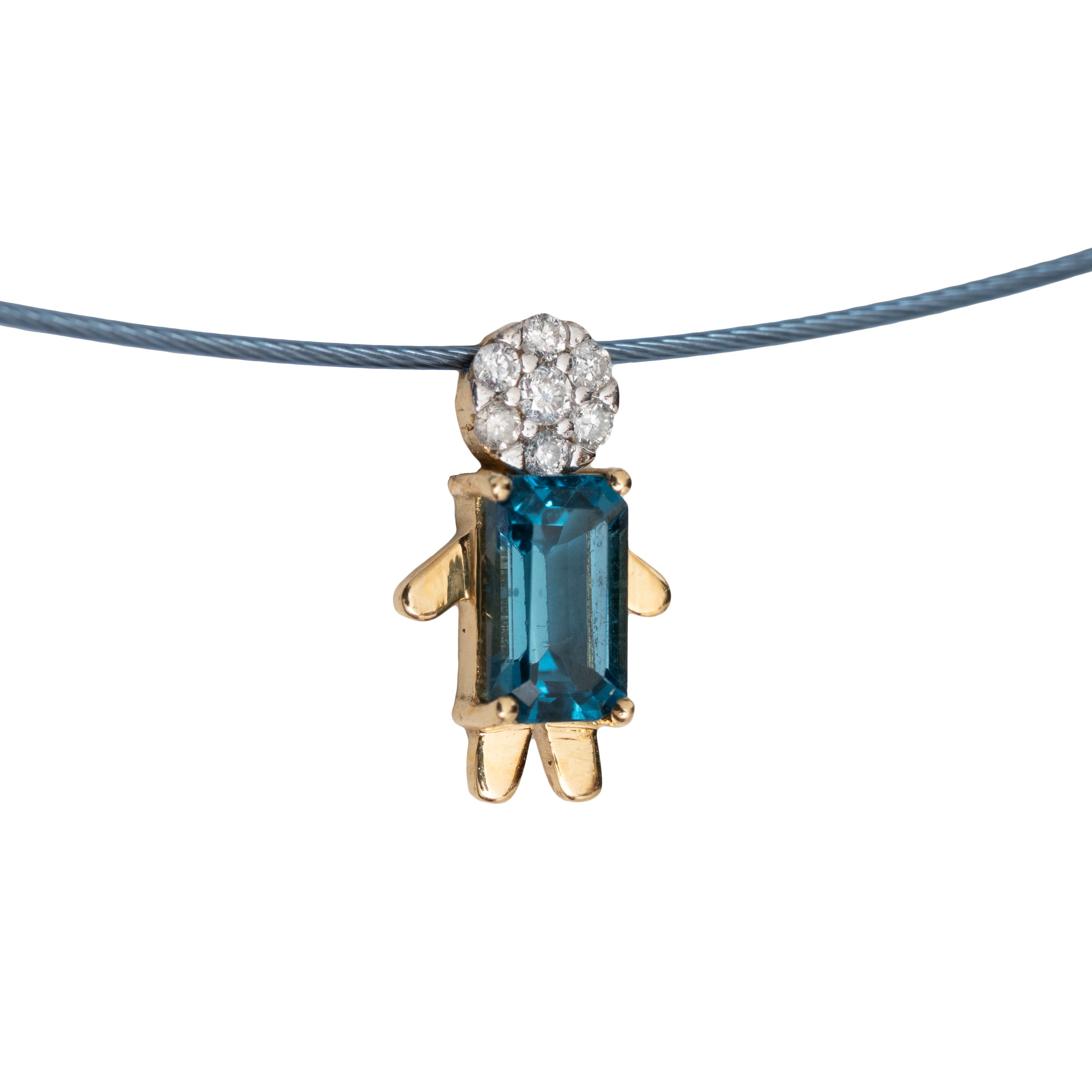 Colar Fio de Nylon Azul com Pingente Menino Pedra Topázio London e Diamante