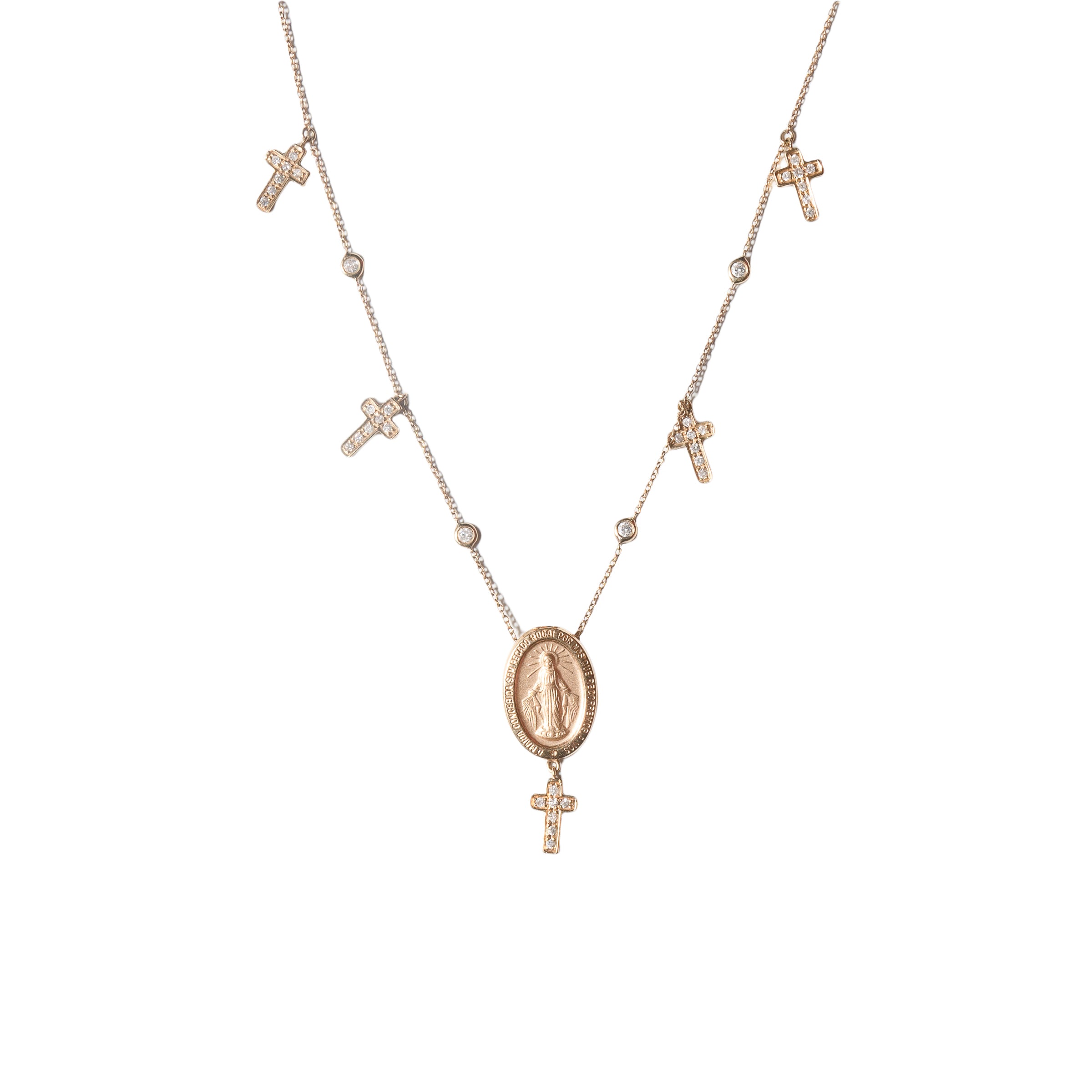 Colar ouro 18k e diamantes com medalha de Nossa Senhora das Graças, crucifixos e pontos de diamante