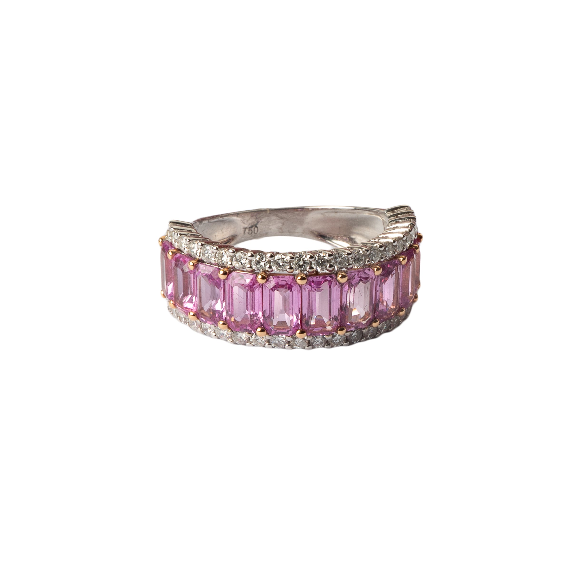 Anel Aliança Pink Safira, Diamante e Ouro 18k