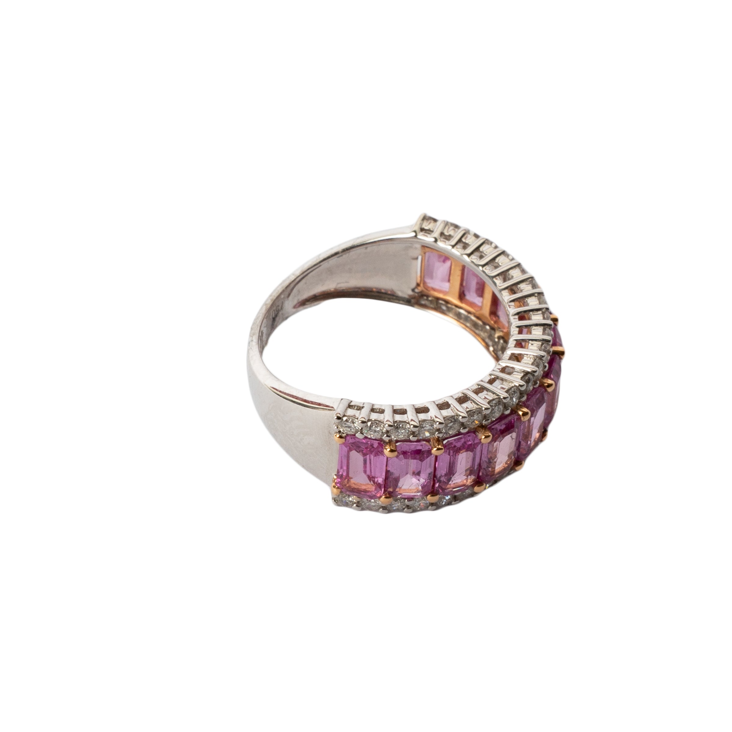 Anel Aliança Pink Safira, Diamante e Ouro 18k