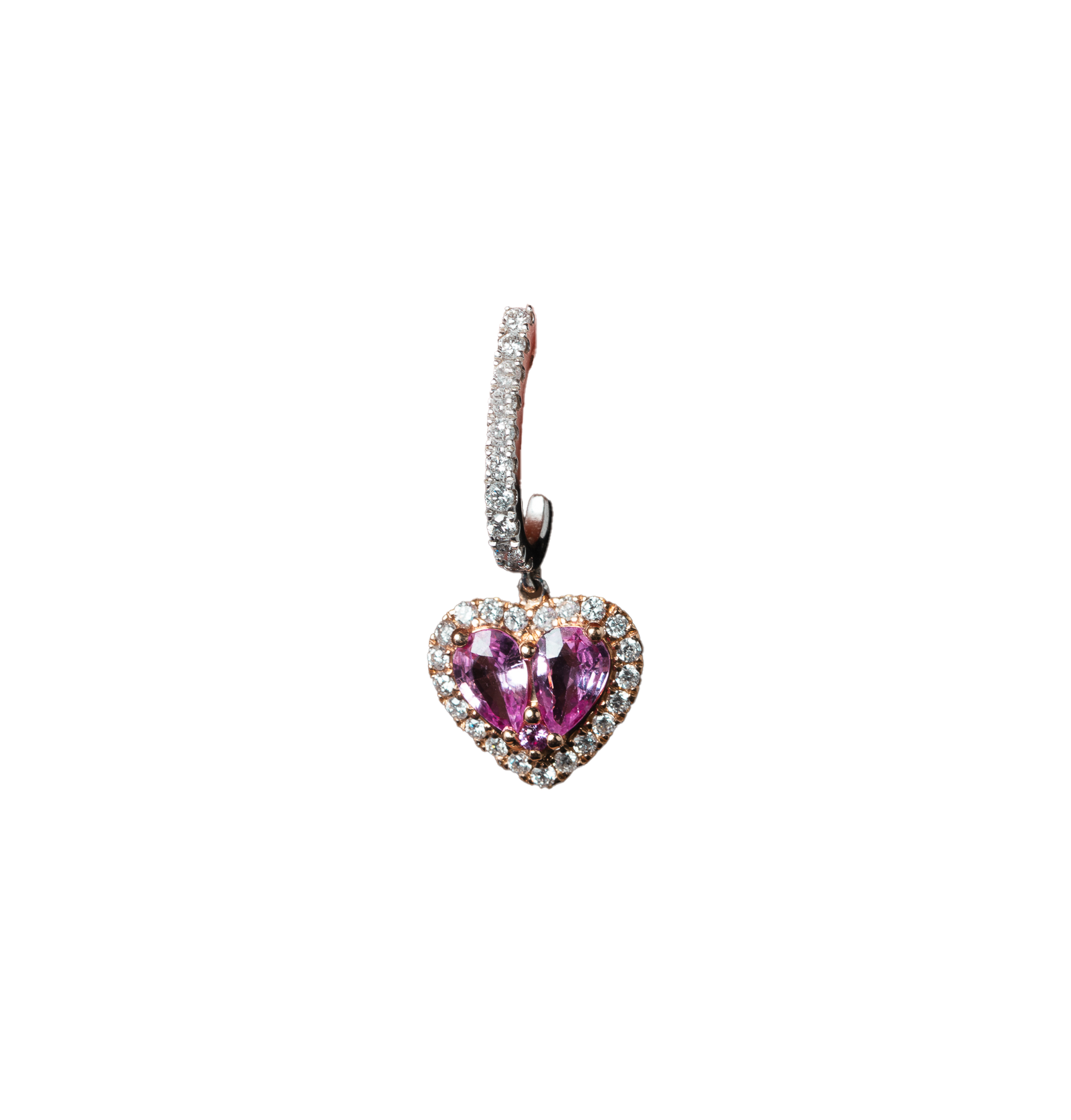 Brinco Coração Safira Rosa e Diamante