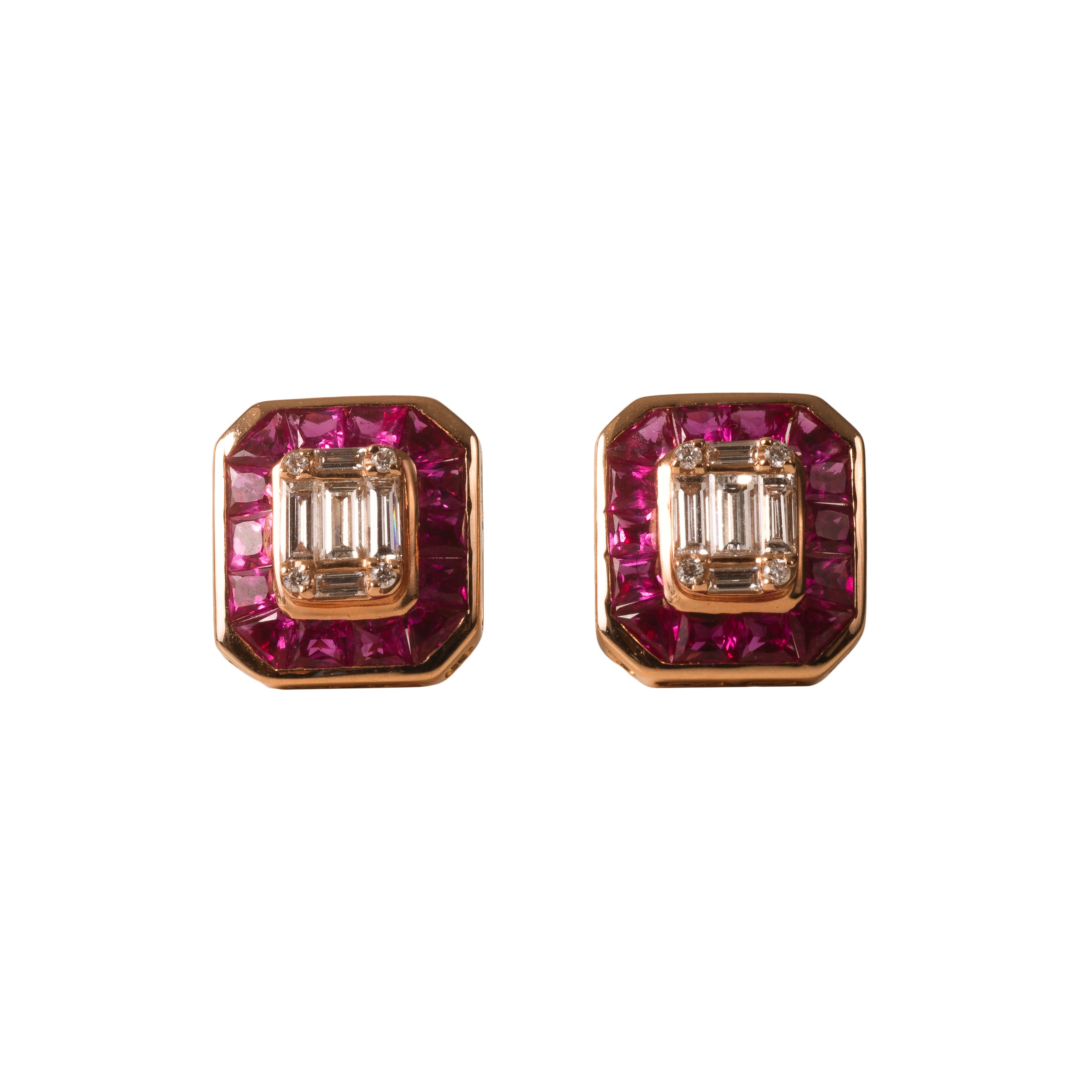 Brinco Retangular Rubi com Diamantes e Ouro 18k
