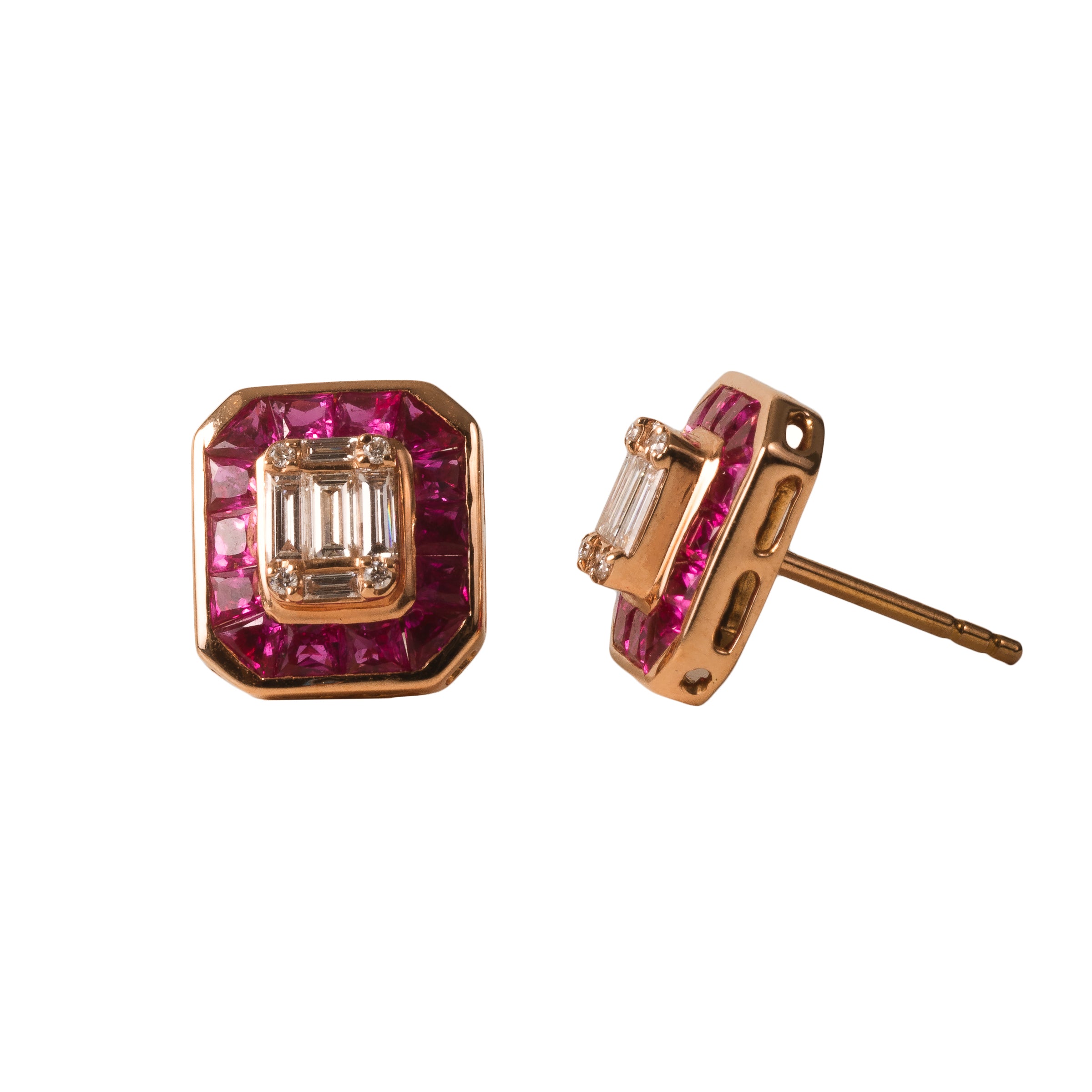 Brinco Retangular Rubi com Diamantes e Ouro 18k