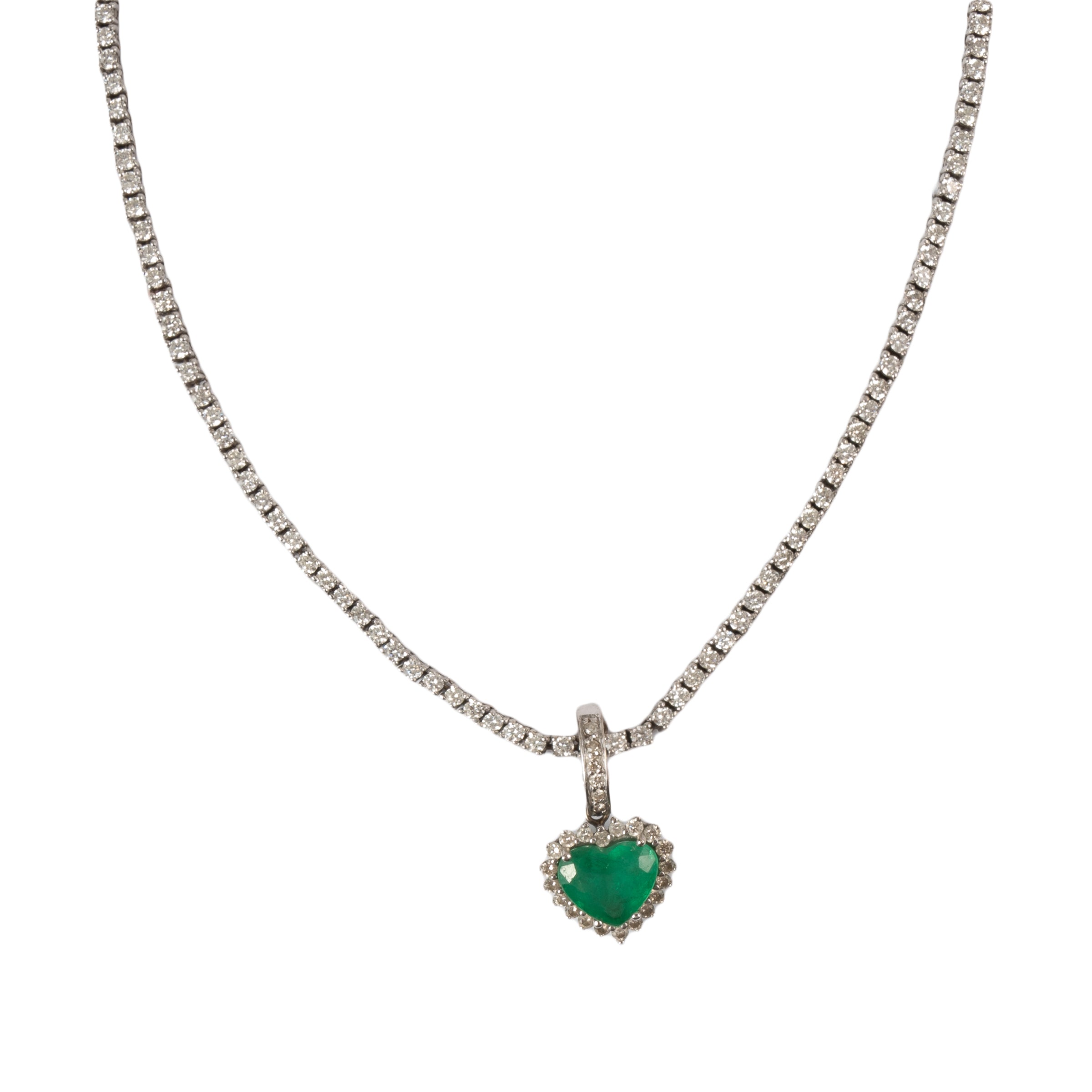 Riviera com Pingente Coração Esmeralda e Diamante com Gancho Móvel Ouro 18k