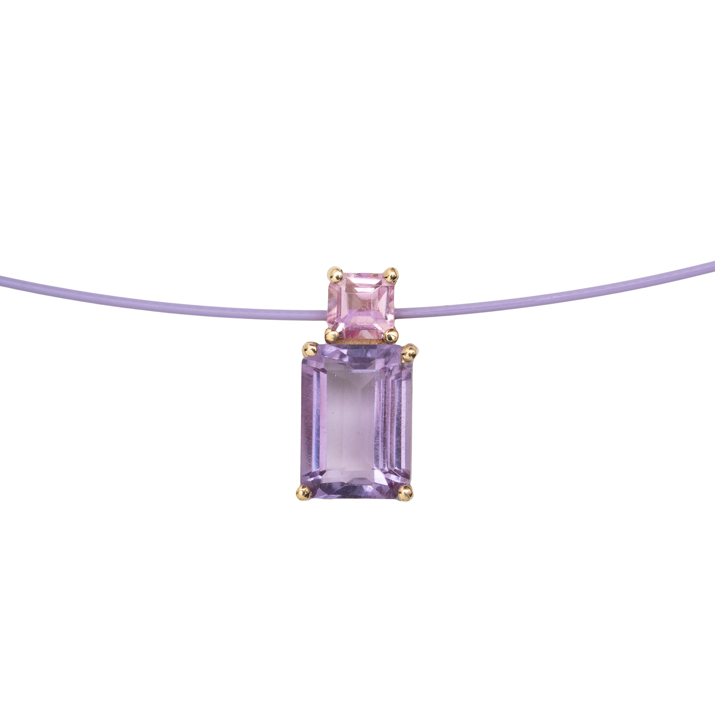 Colar Fio de Nylon Lilás com Pingente de Ametista e Turmalina Rosa