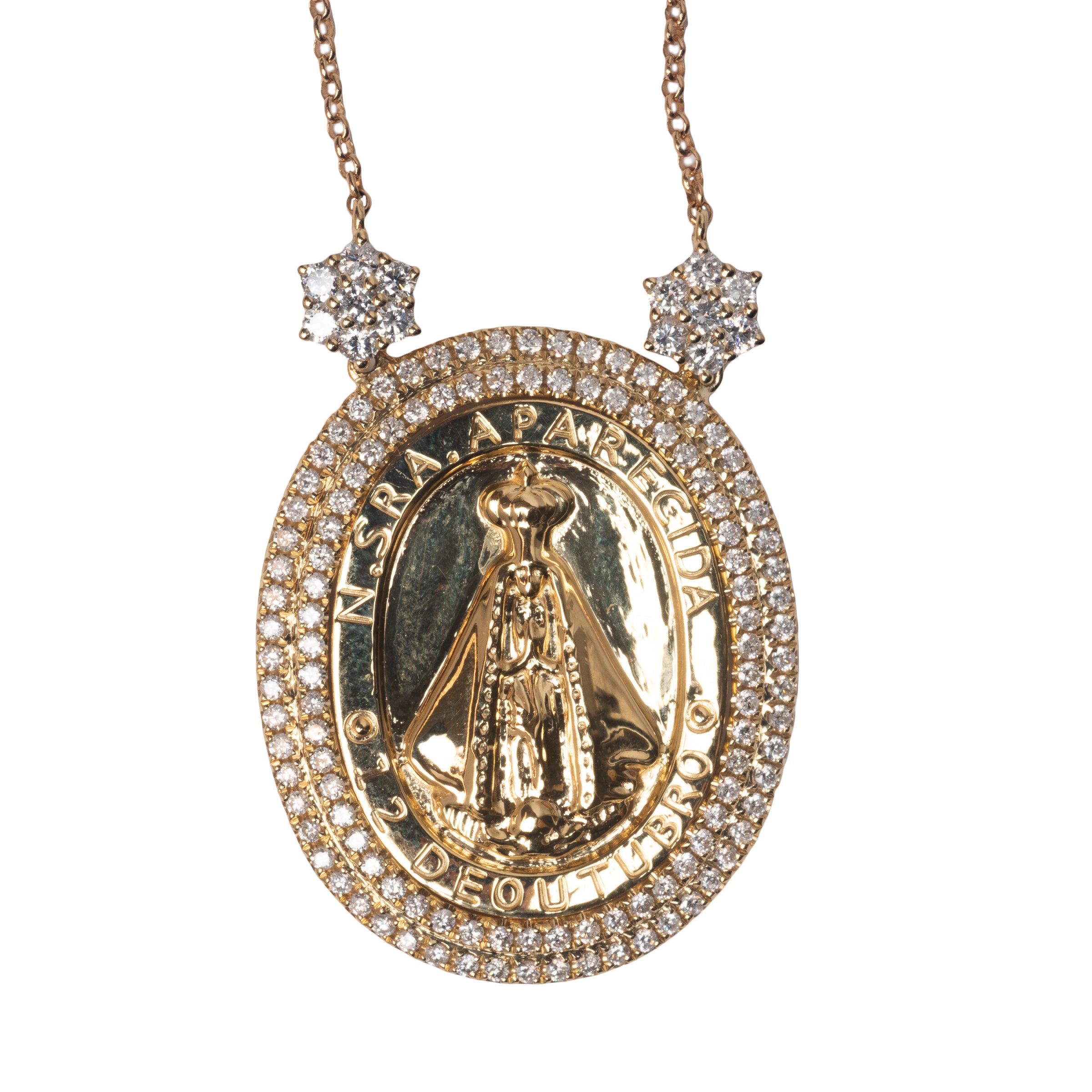 Corrente com Medalha de Nossa Senhora Aparecida e Diamante em Ouro 18K