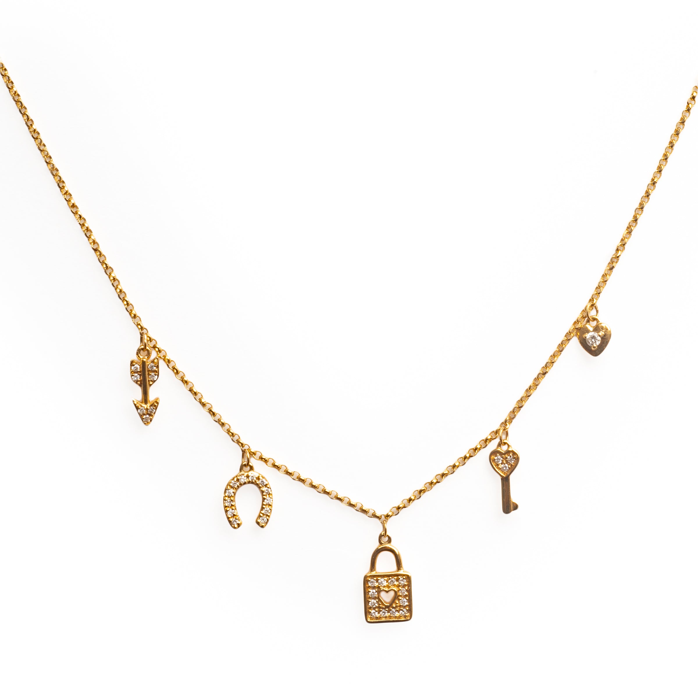 Gargantilha com 5 Pingentes de Proteção com Diamante e Ouro 18k