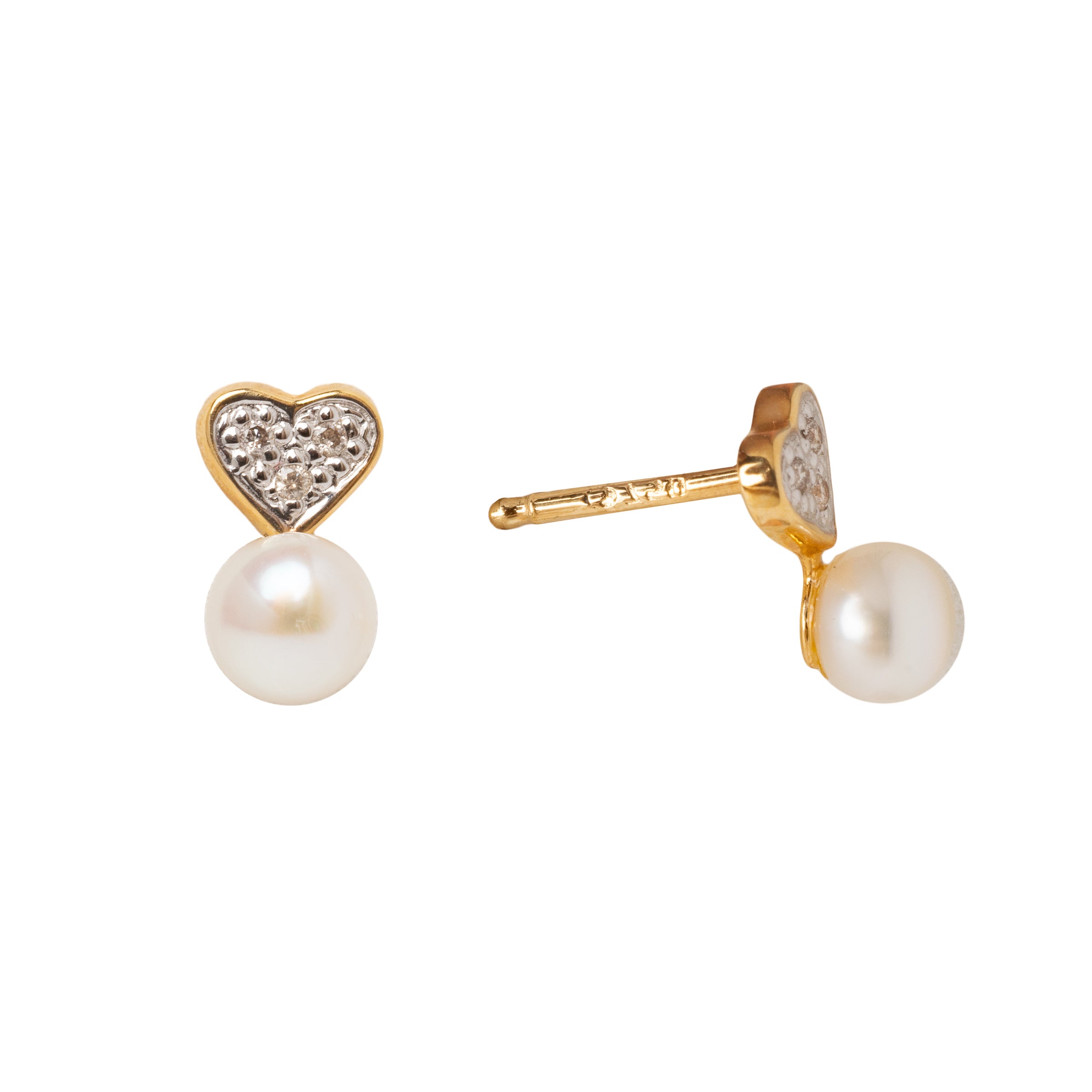 Brinco Infantil Coração com Diamante e Pérola Ouro 18K