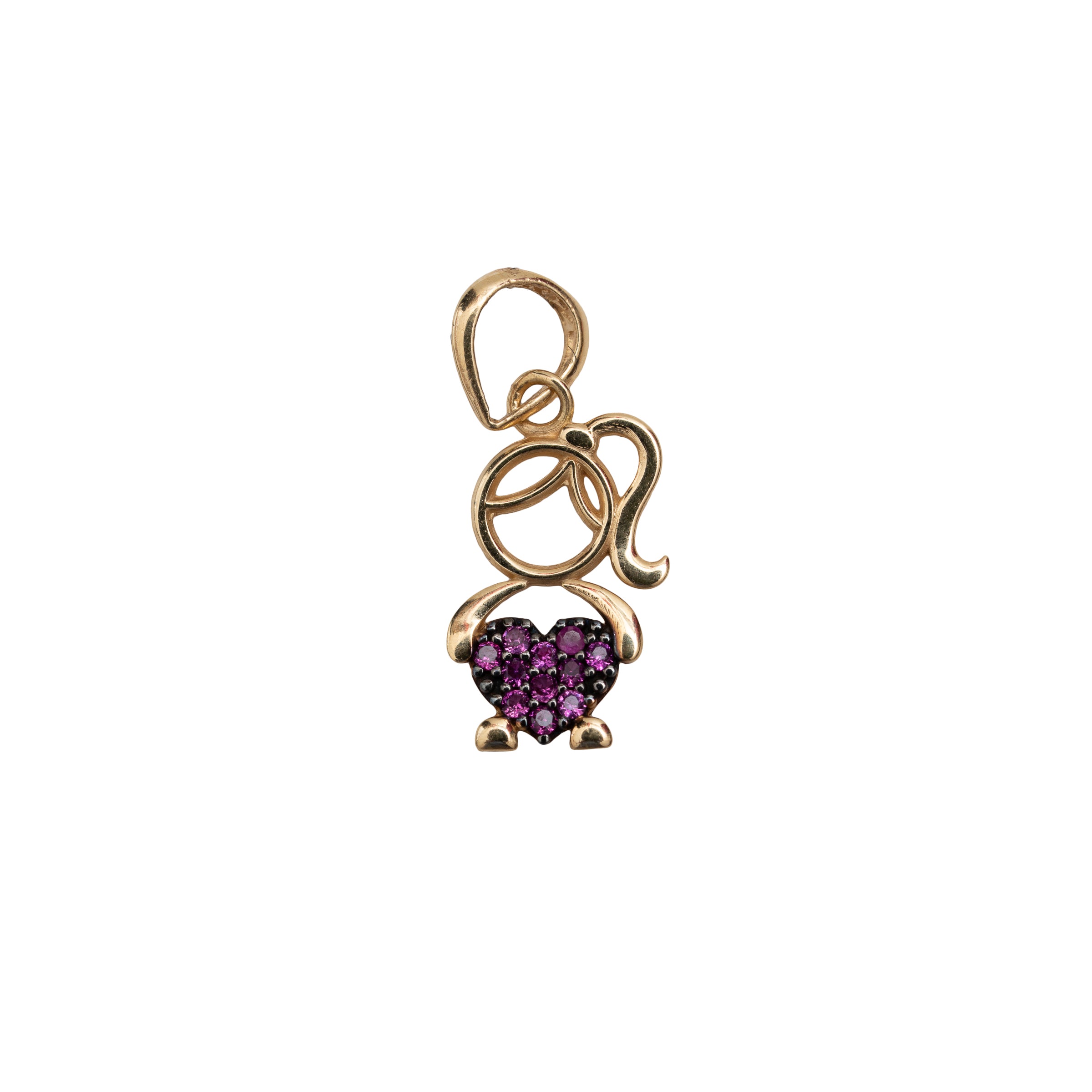 Pingente Menina Coração Zircônia Rosa em Ouro 18K