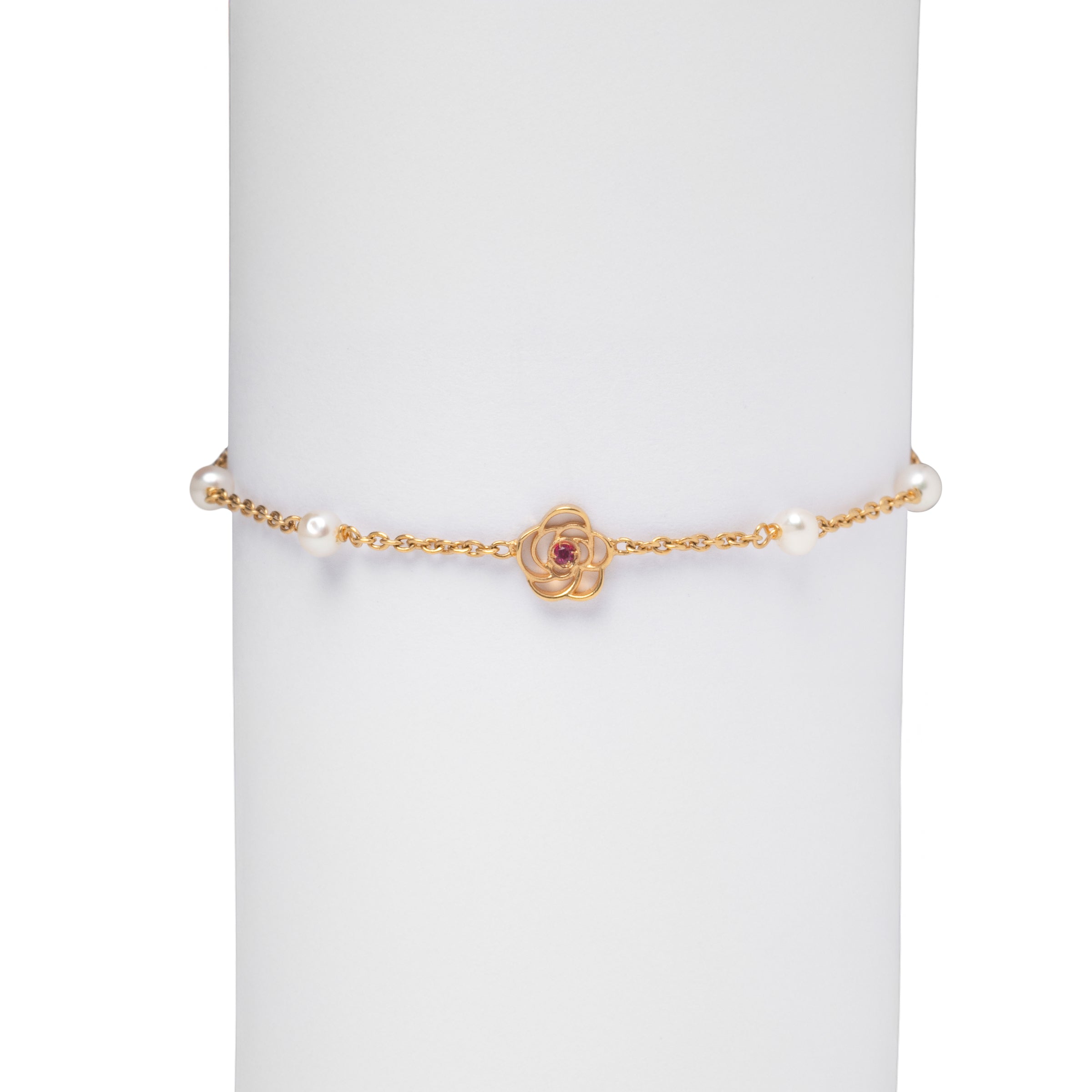 Pulseira Infantil Florzinha com Rubi e Pérolas Ouro 18K