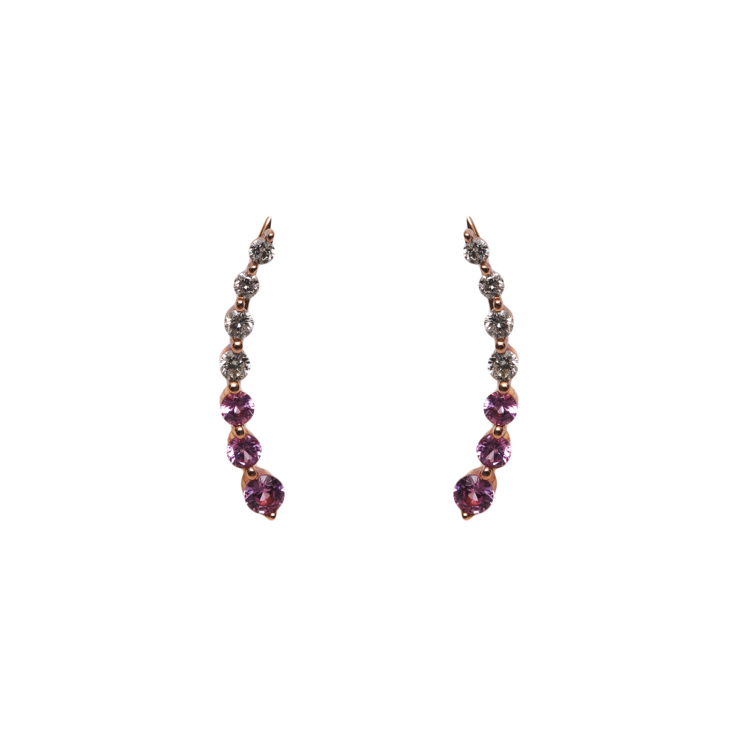 Brinco ear cuff com 6 safiras rosas e 6 diamantes, ouro rosê 18k