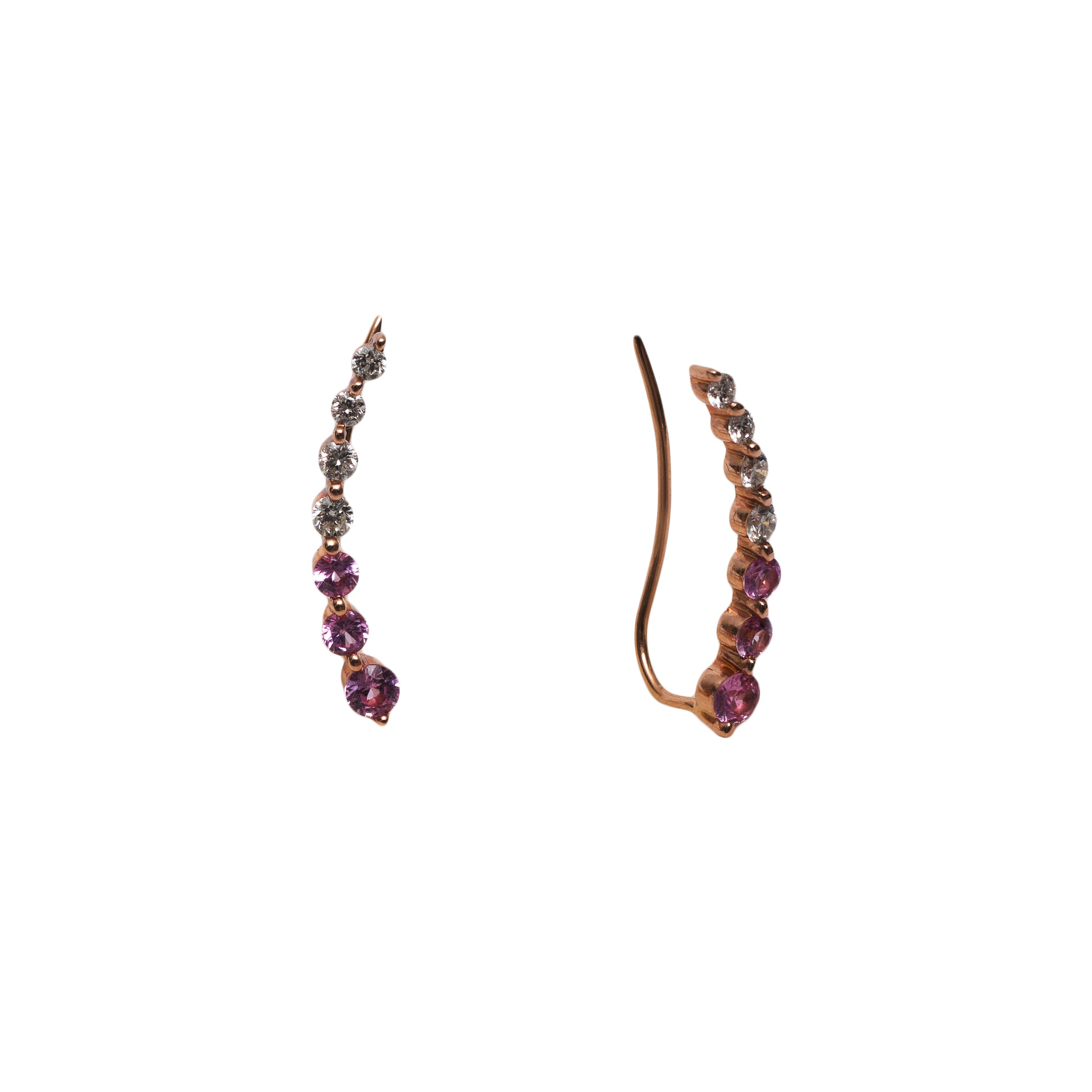 Brinco ear cuff com 6 safiras rosas e 6 diamantes, ouro rosê 18k