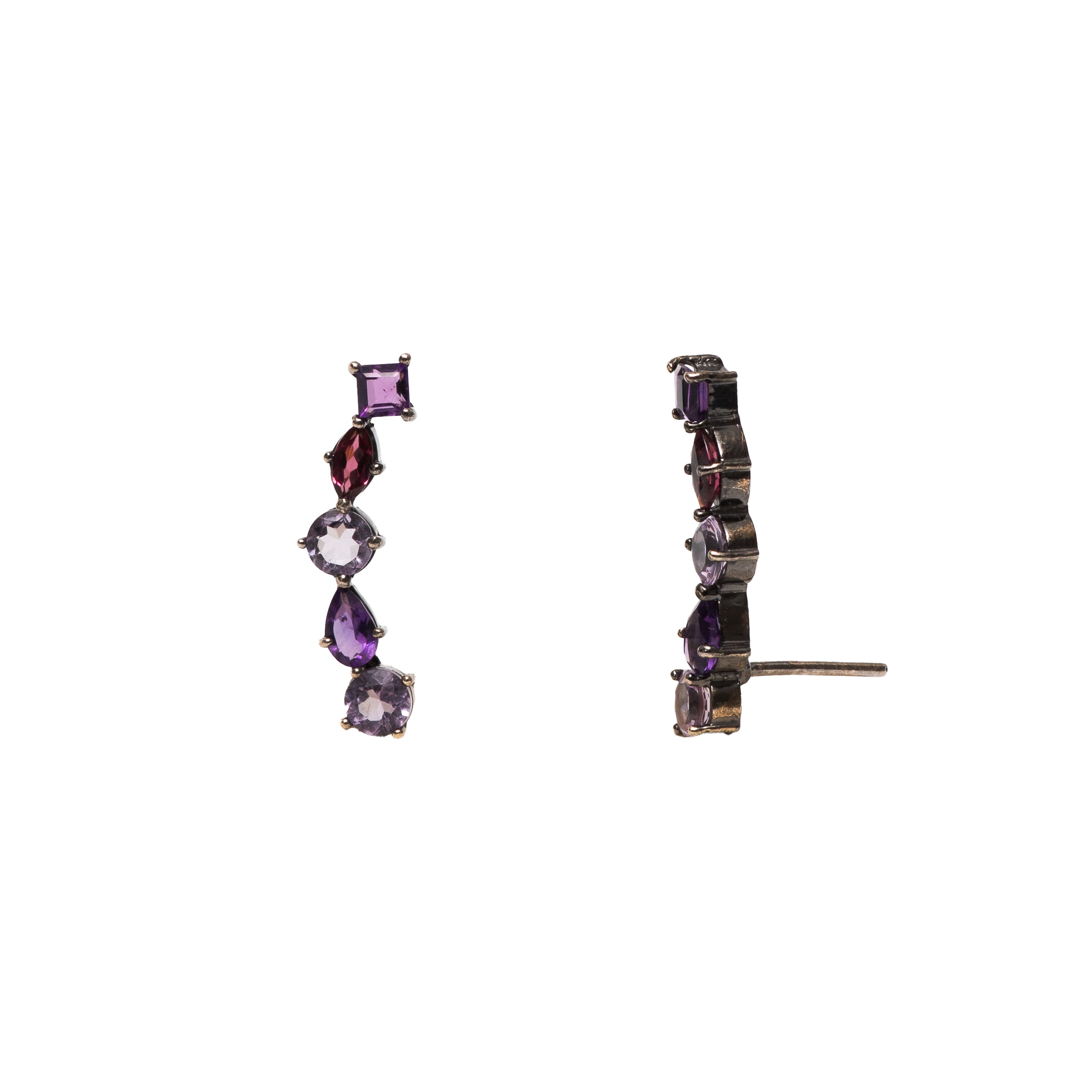 Brinco Ear Cuff negro com 2 Rodolitas e 8 Ametistas ouro 18k