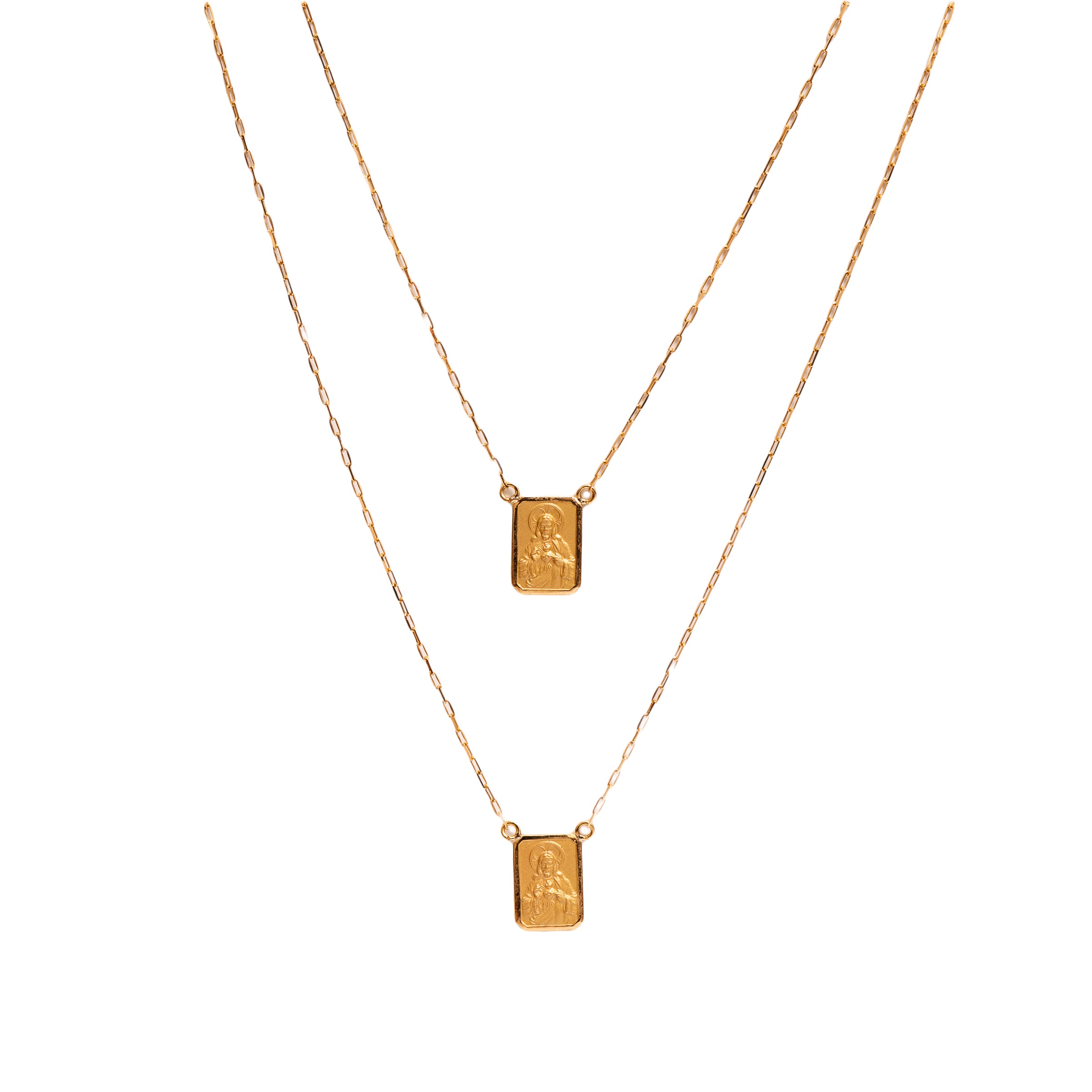 Escapulário cartier dupla face Sagrado Coração de Jesus e Nossa Senhora do Carmo ouro 18k