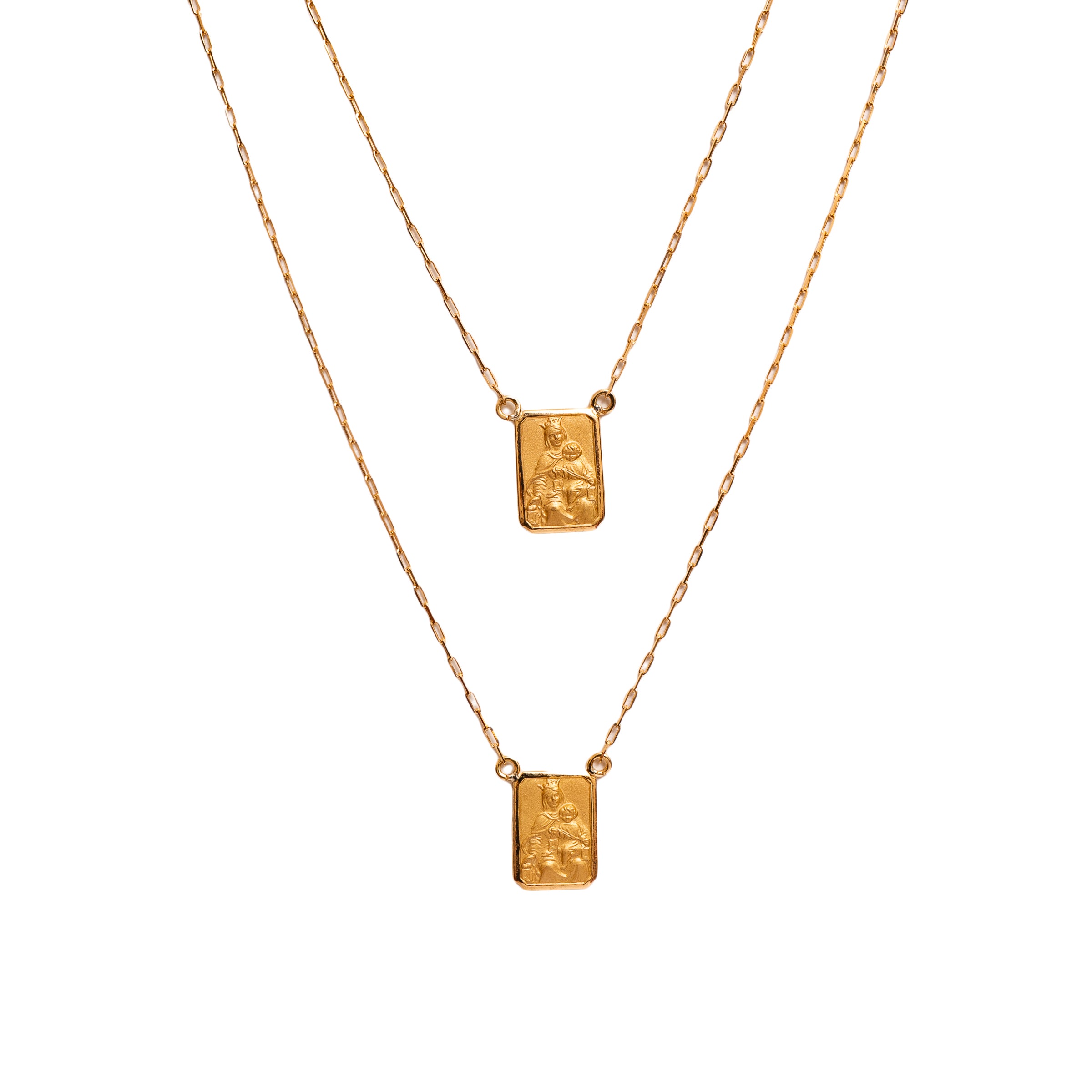 Escapulário cartier dupla face Sagrado Coração de Jesus e Nossa Senhora do Carmo ouro 18k