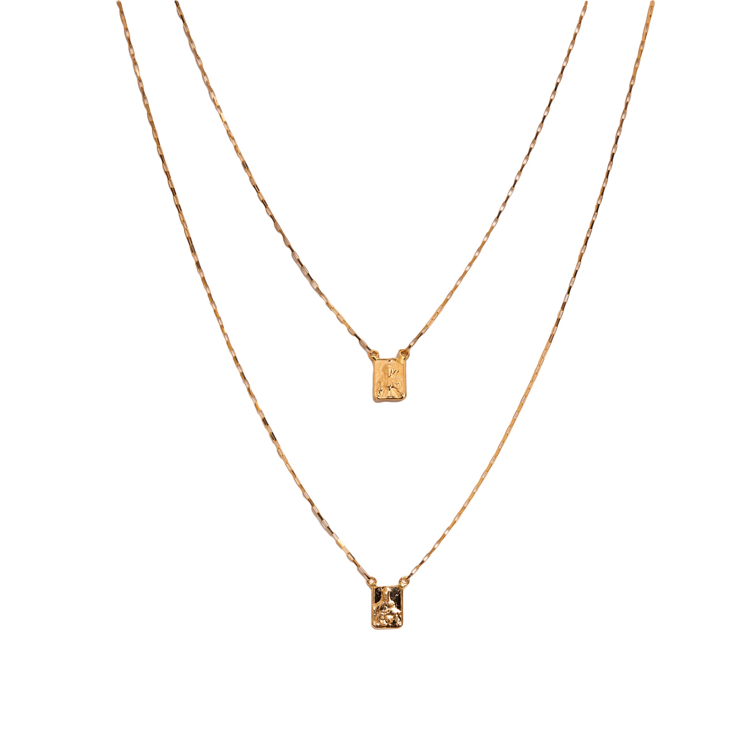 Escapulário cartier mini placas Sagrado Coração de Jesus e Nossa Senhora do Carmo ouro 18k