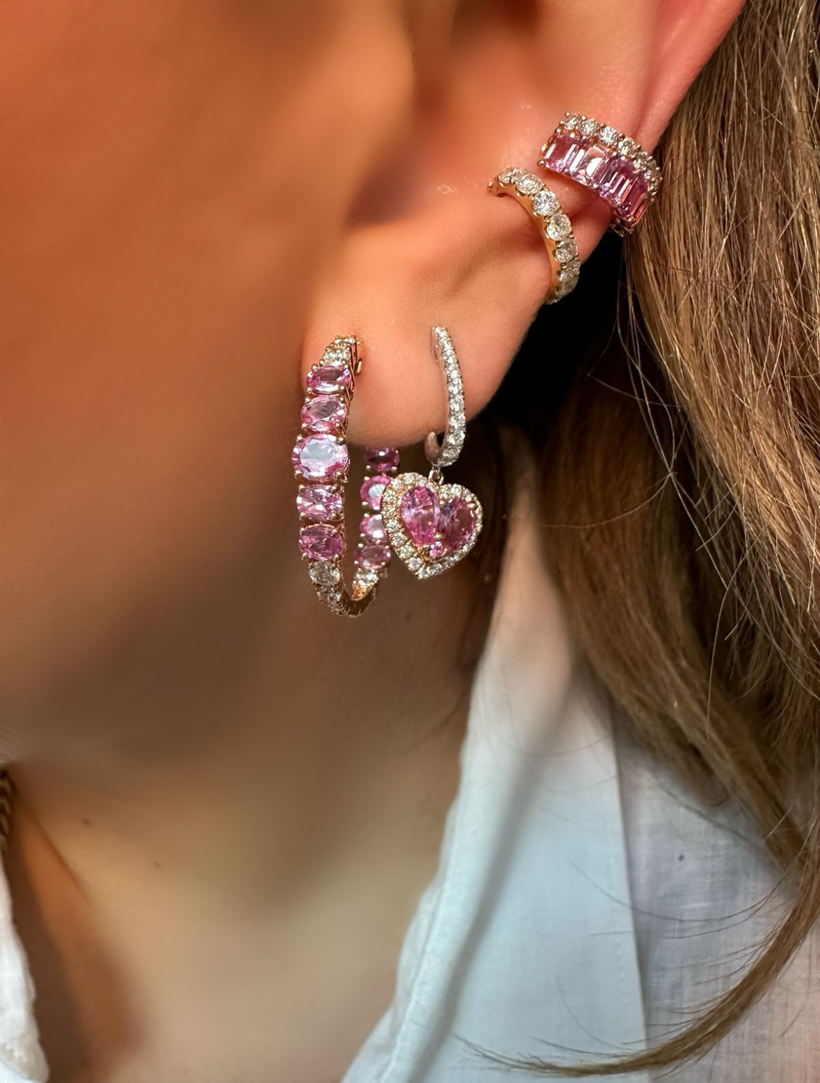 Brinco Coração Safira Rosa e Diamante