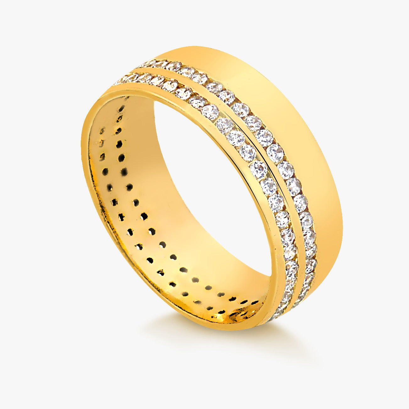 Aliança Meia Cana com Borda Cravejada Dupla de Diamantes em Ouro 18K
