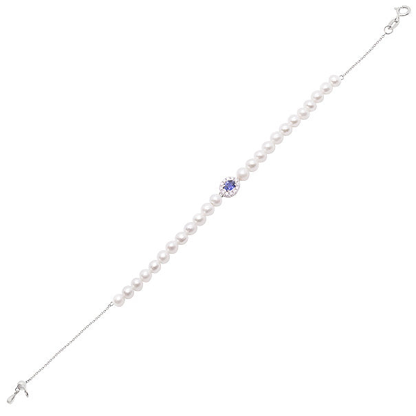 Pulseira de pérolas naturais ajustável com pingente de Safira e diamante, ouro 18k