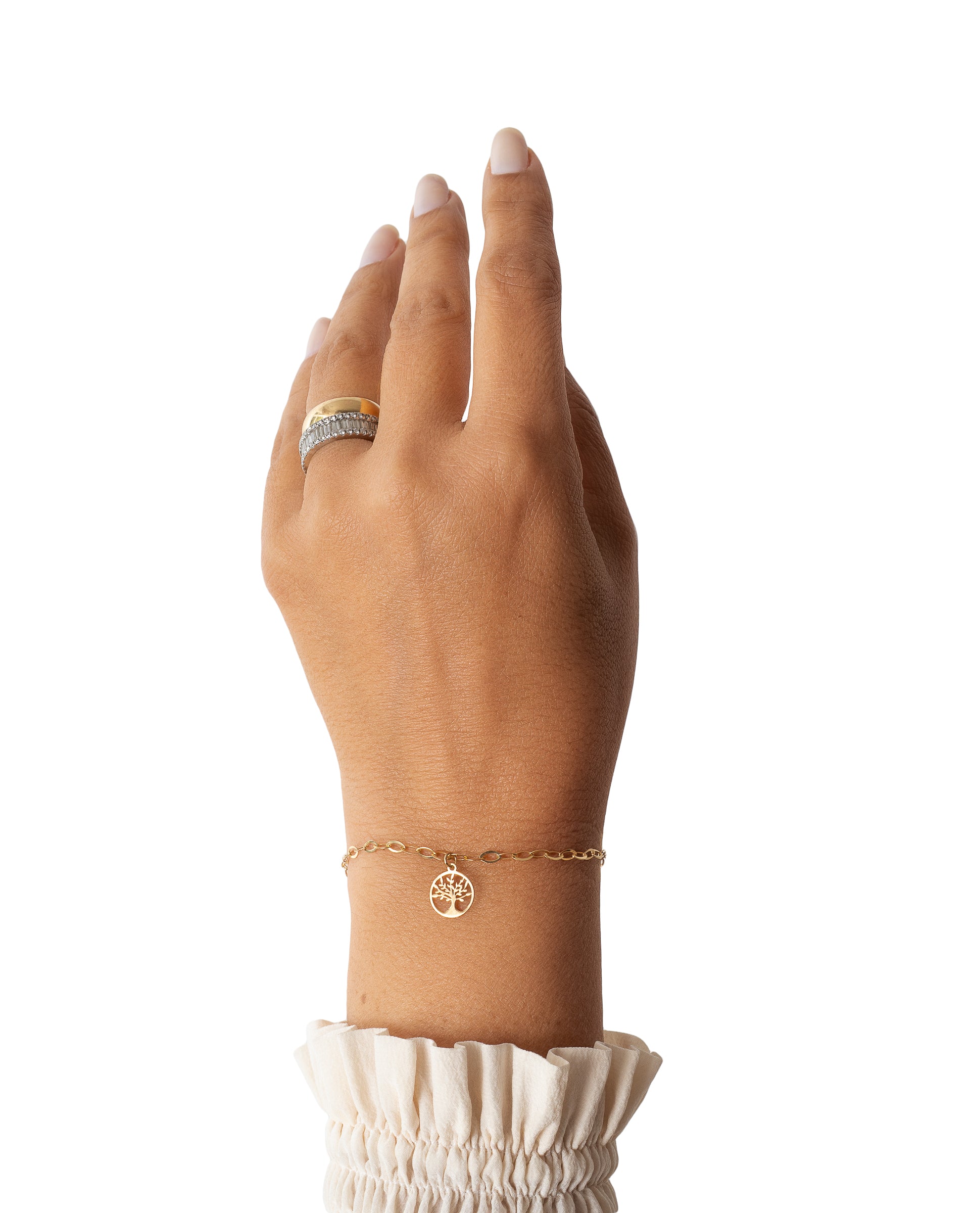 Pulseira elos navetes com pingente árvore da vida ouro 18k