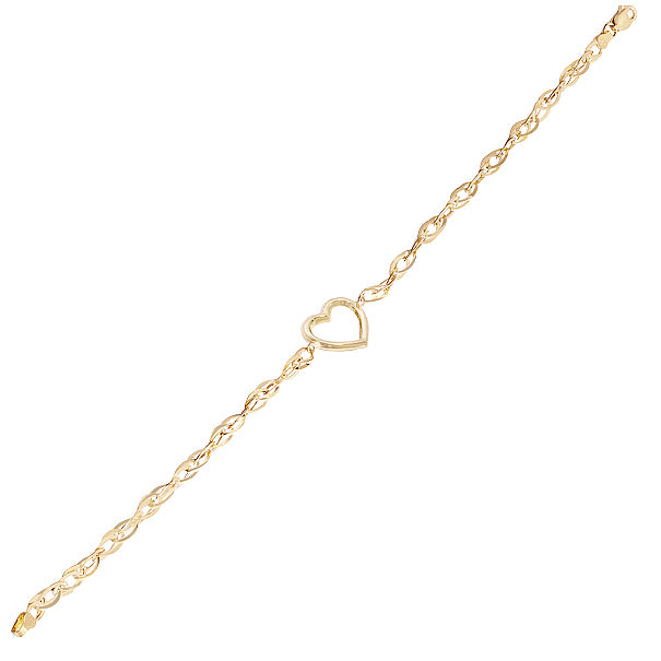 Pulseira elos navetes trançados com coração vazado ouro 18k