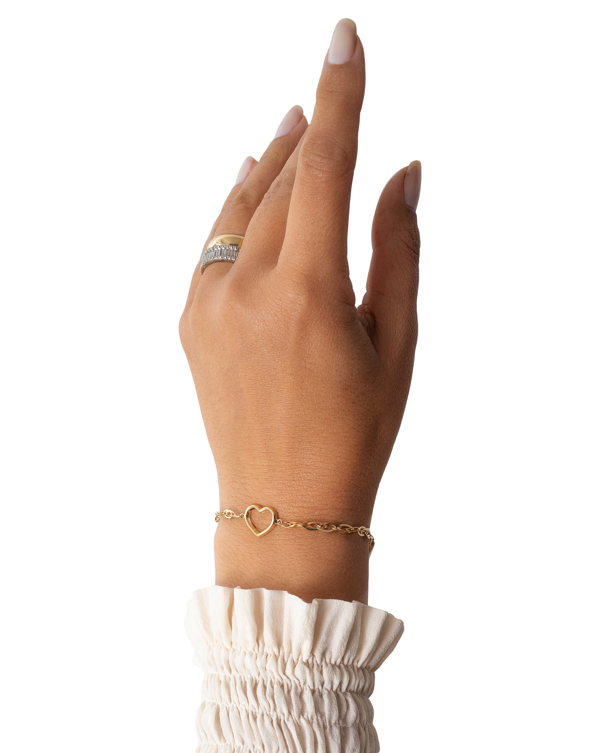 Pulseira elos navetes trançados com coração vazado ouro 18k